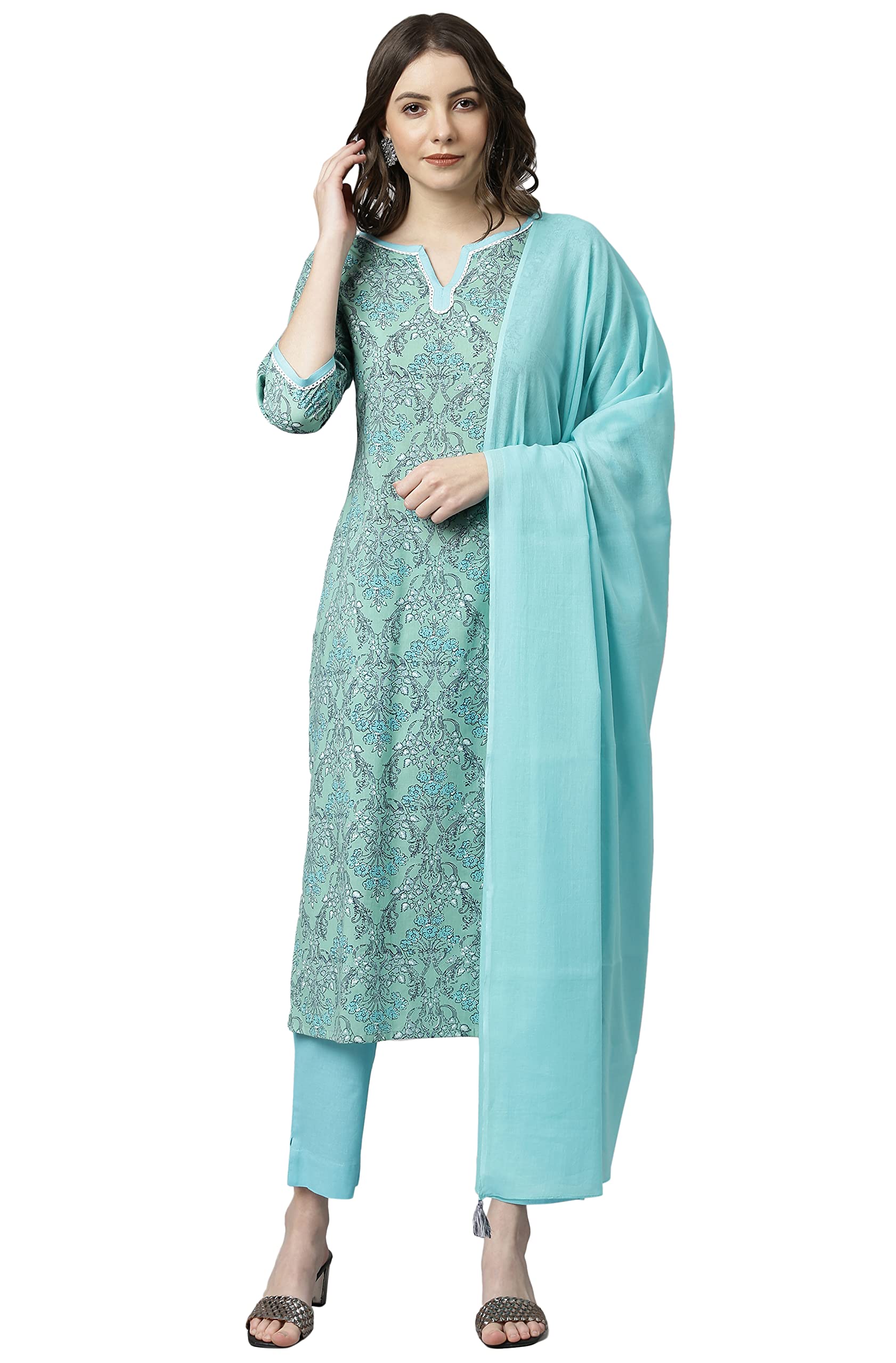 JanasyaIndian Women's Sea Green Cotton Floral Print Kurta with Pant and Dupatta