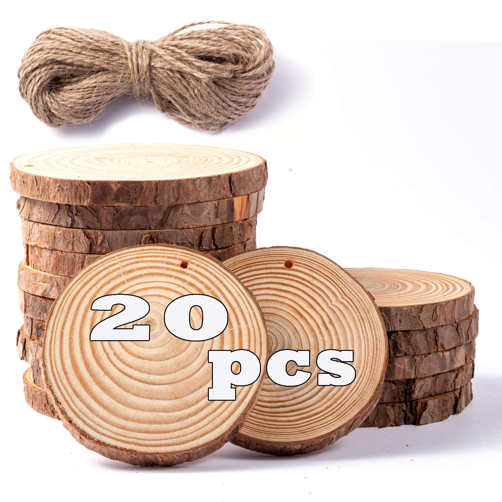 Unfinished Predrilled Natural Wood Slices -20 Pcs 3.5-4 Inch DIY Crafts with Hole Wooden Circles Tree Slices Holiday Christmas Ornaments DIY Crafts, Home Décor, Painting and Weddings