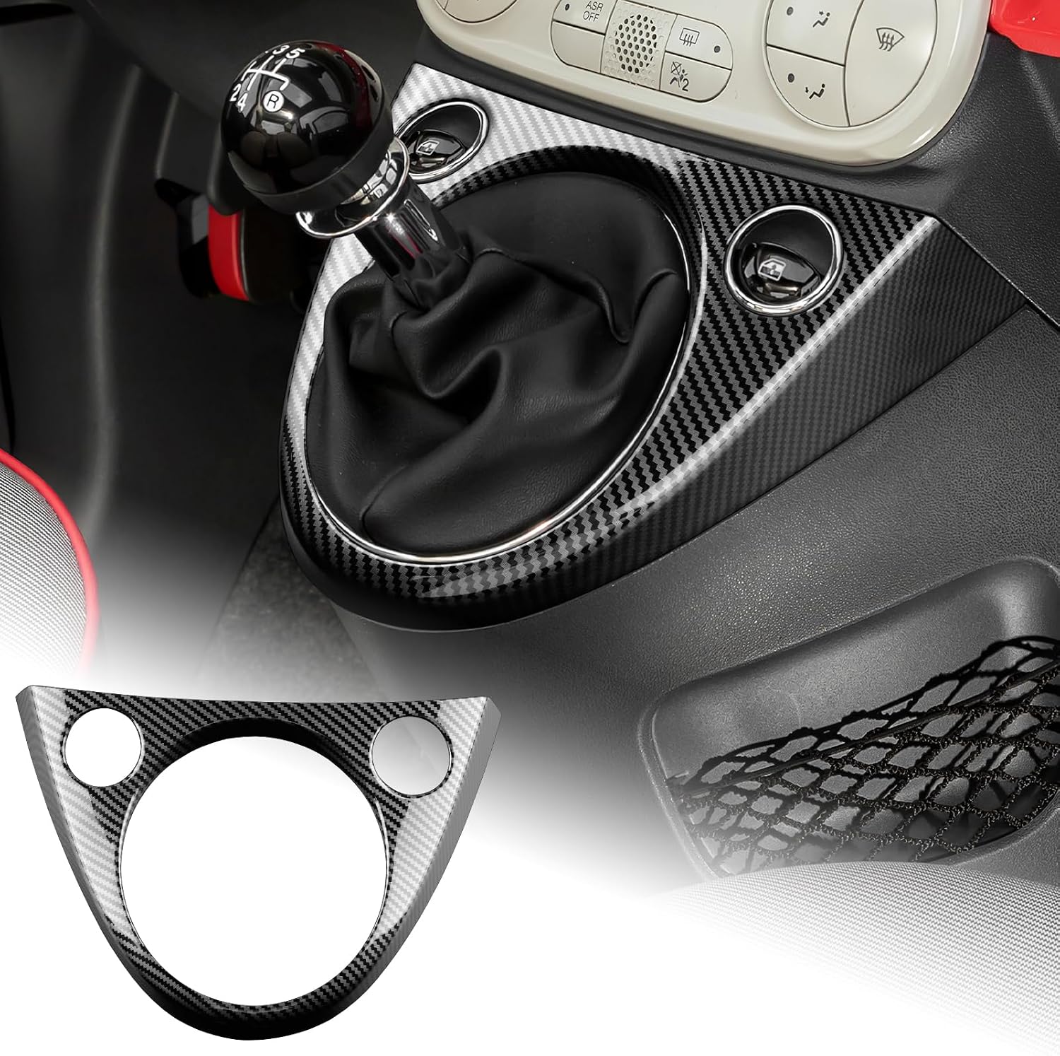 KUNGKIC for Fiat 500 Abarth 595 Car Gear Shift Knob Panel Frame Cover Interior Trim Decoration Stickers Accessorie ABS Carbon Fiber Pattern