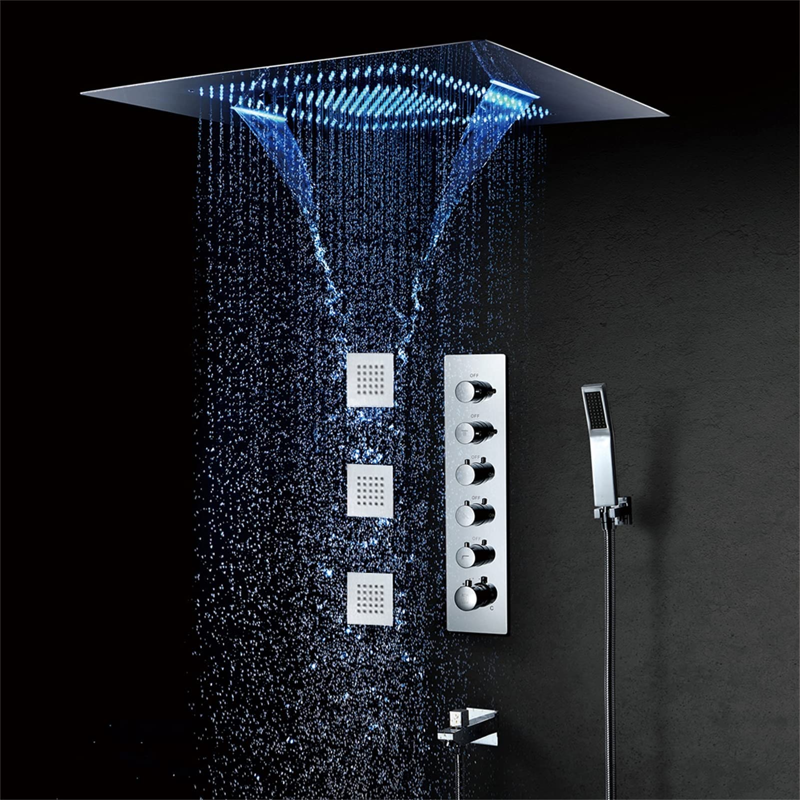 AYCDL Led Shower Systems, Luxurious 60X80Cm Led Shower Head, Misty Waterfall Rainfall, Thermostatic Shower Faucets with Shower Body Jet,Phone Control,Remote Control,Remote Control