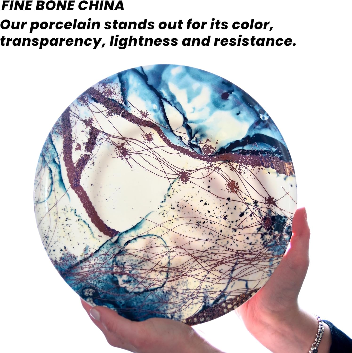 KOKEN - Ocean Blue 16 Piece Dinnerware Set (Service for 4) fine bone china - Dish Plates and Bowls Sets, Service for 4, Dinner Salad Dessert Plates, and Cereal Bowls Set, Blue - Microwave safe