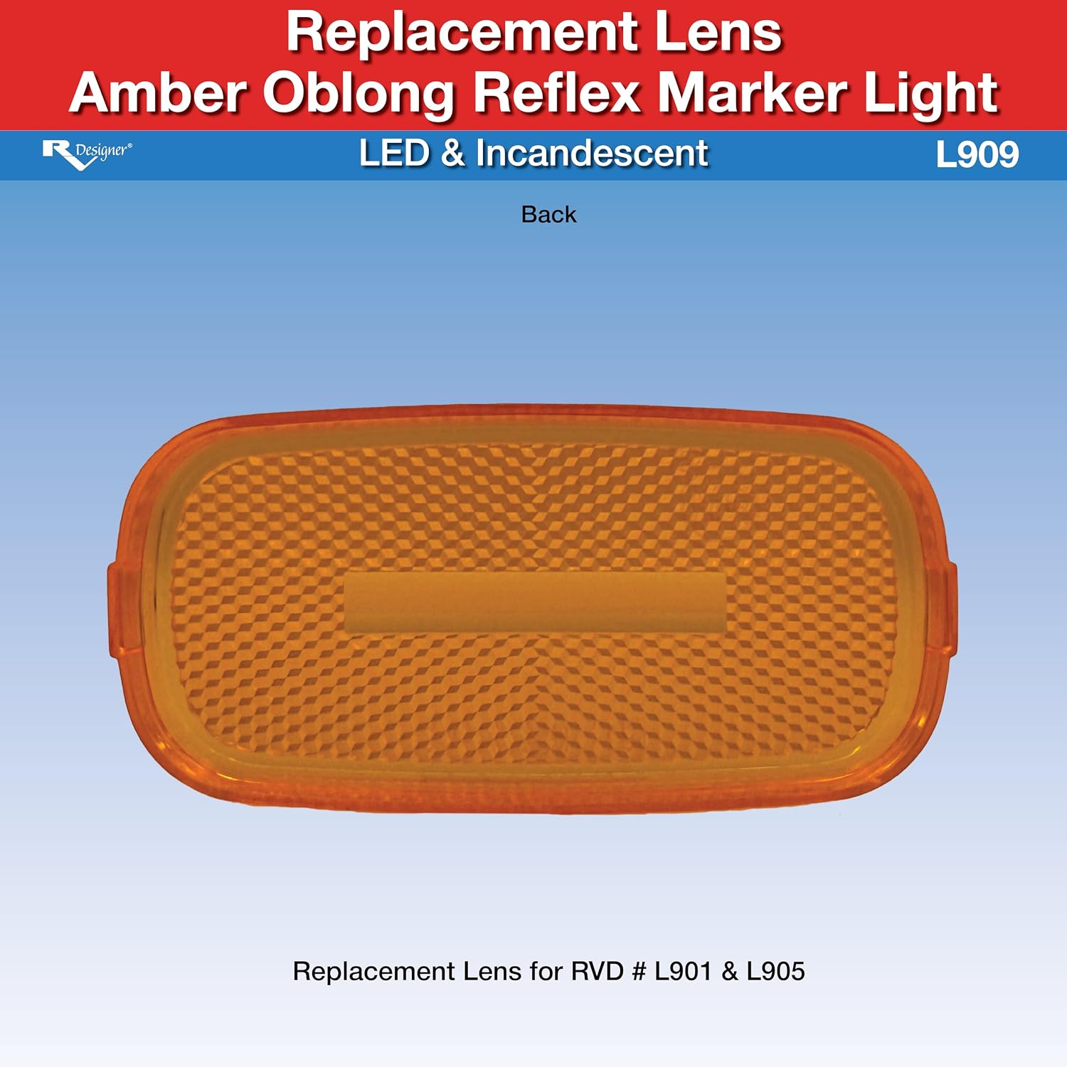 RV Designer L909 Replacement Lens for Amber LED and Incandescent Oblong Reflex Marker Light, DOT-Compliant
