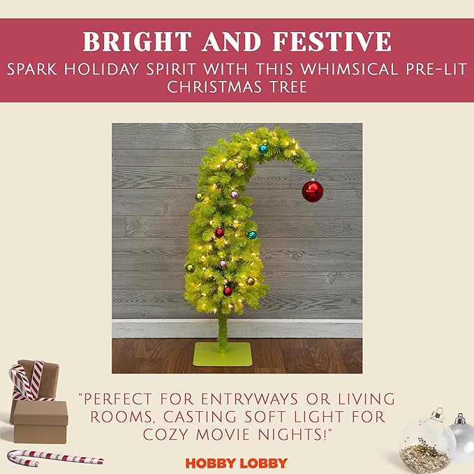3 Ft Prelit Christmas Tree with Stand – Artificial Lighted Christmas Tree for Indoor Use – Whimsical Plastic Trees w/Metal Base & Permanently Attached Lights - Holiday Decor for Living Room, Tabletop