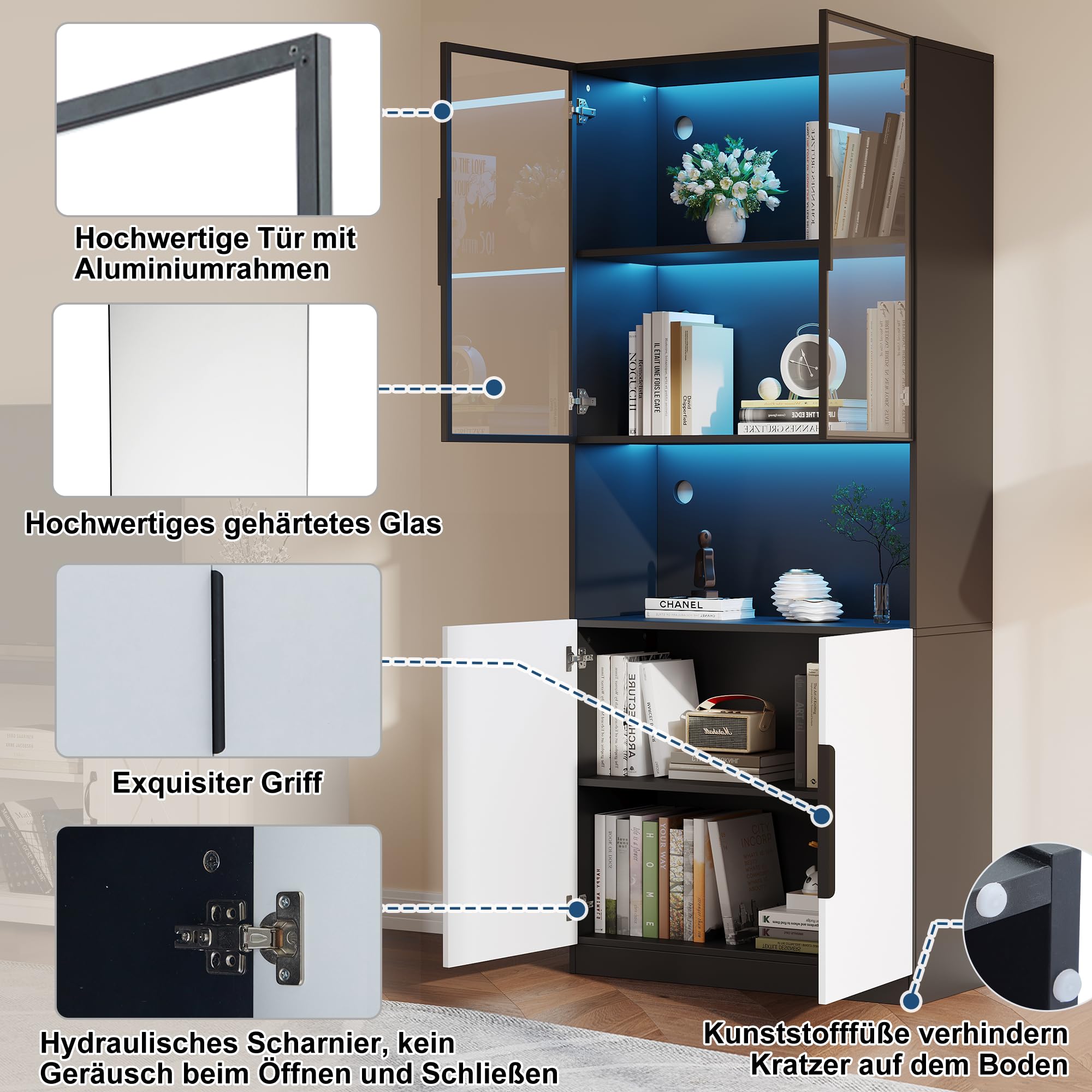 Szklana witryna z aplikacją LED 80 x 30 x 200 cm biała/czarna | szafka z witryną z aluminiową ramą i zabezpieczeniem przed przewróceniem | witryna stojąca, szafka do salonu, kredens |