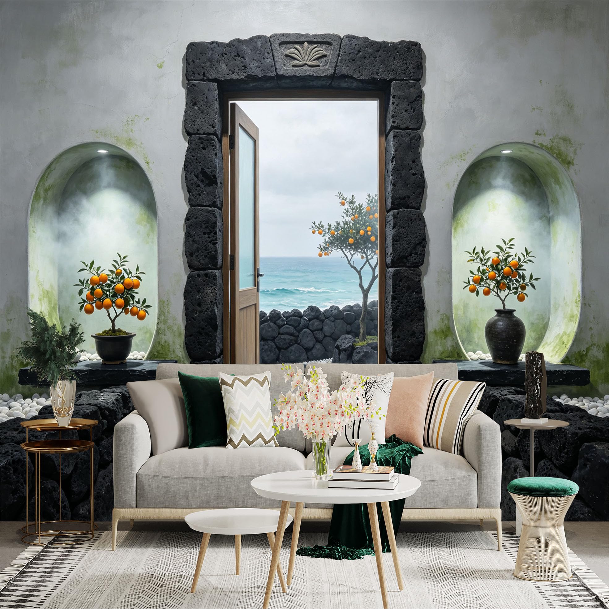 Custom Size Wall Sticker Mural， Stone Doorway Ocean View with Orange Trees and Zen Courtyard， for wall Decoration， peelandstick wall Decals.
