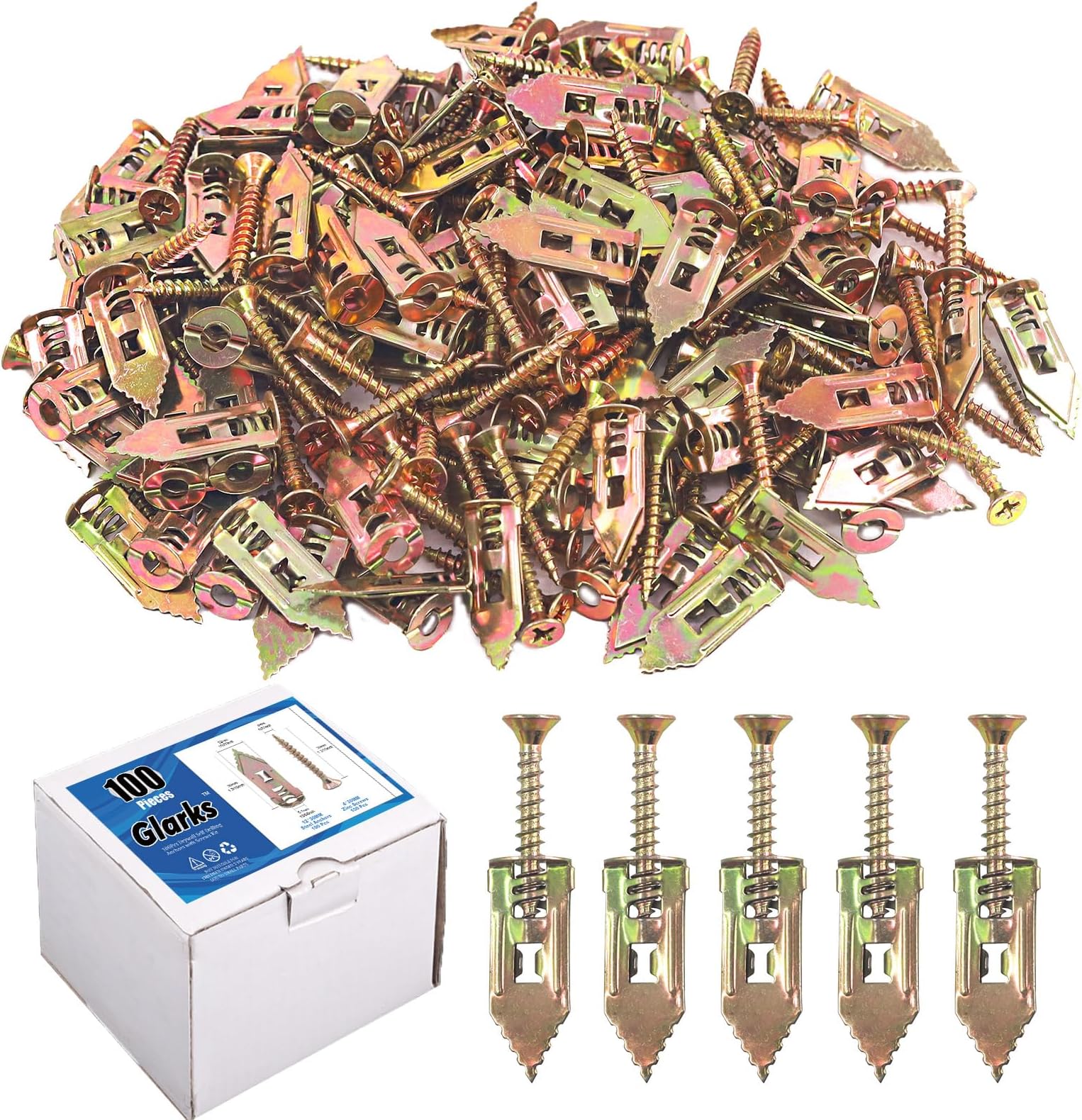 Glarks 100 Sets Drywall Self-Drilling Anchors with Screws, Carbon Steel Hollow Wall Anchor Tapping Screw with Screws Kit, No Drill or Holes in Wall
