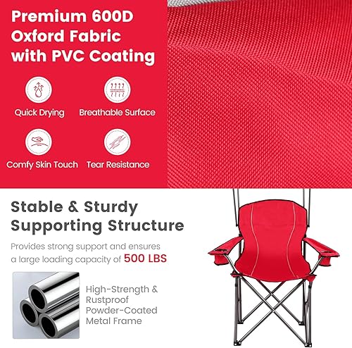 Miniatura 6 de Tangkula Silla de camping plegable, silla de césped portátil ligera con toldo de sombra ajustable, bolsa de transporte, portavasos, silla de playa