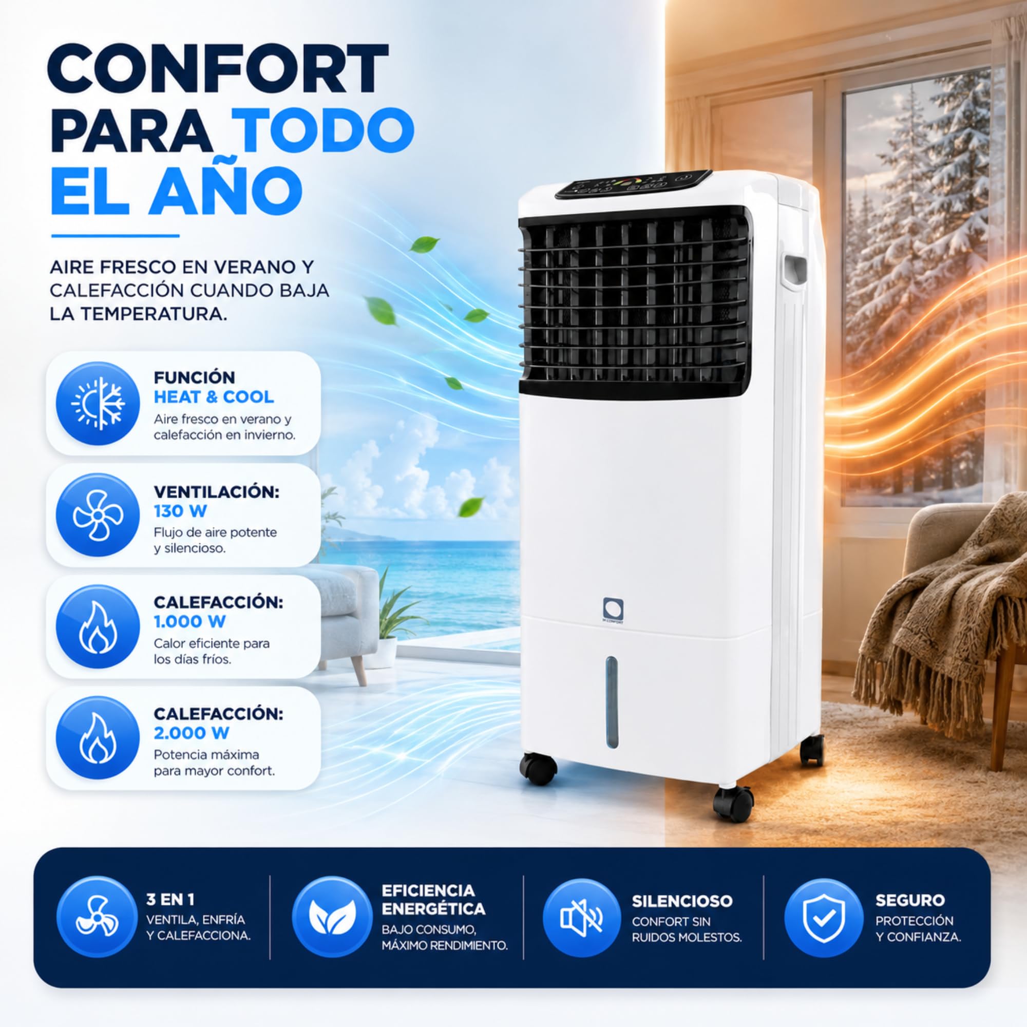 Climatizador Evaporativo VONALA E1300C – Enfriador de Aire y Calefactor 2 en 1 con Ionizador, Depósito 10L, 6 Velocidades, Mando a Distancia, Modo Calor y Frio
