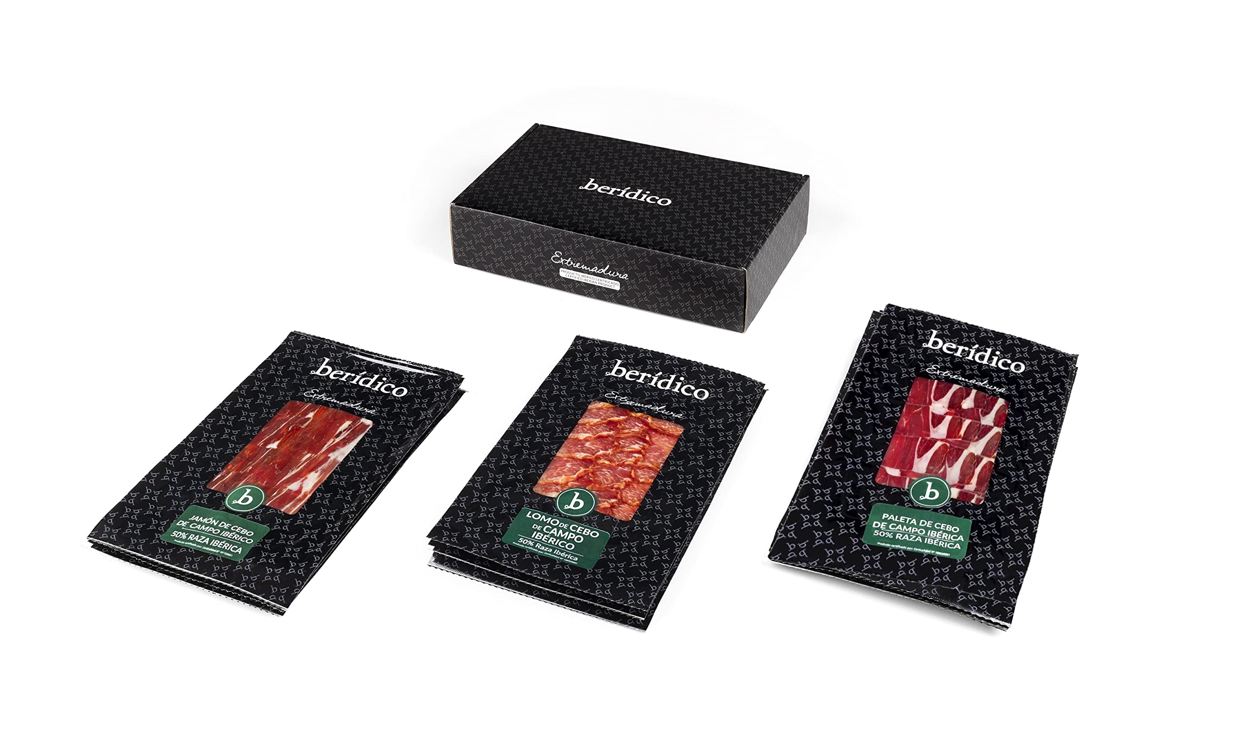 Loncheados Ibérico: 3 de Jamón Ibérico Cebo de Campo + 3 de Paleta Ibérica Cebo de Campo + 3 de Lomo Ibérico Cebo de Campo. Pack de 9 sobres de 100 g envasados al vacío. Extremadura. BERÍDICO