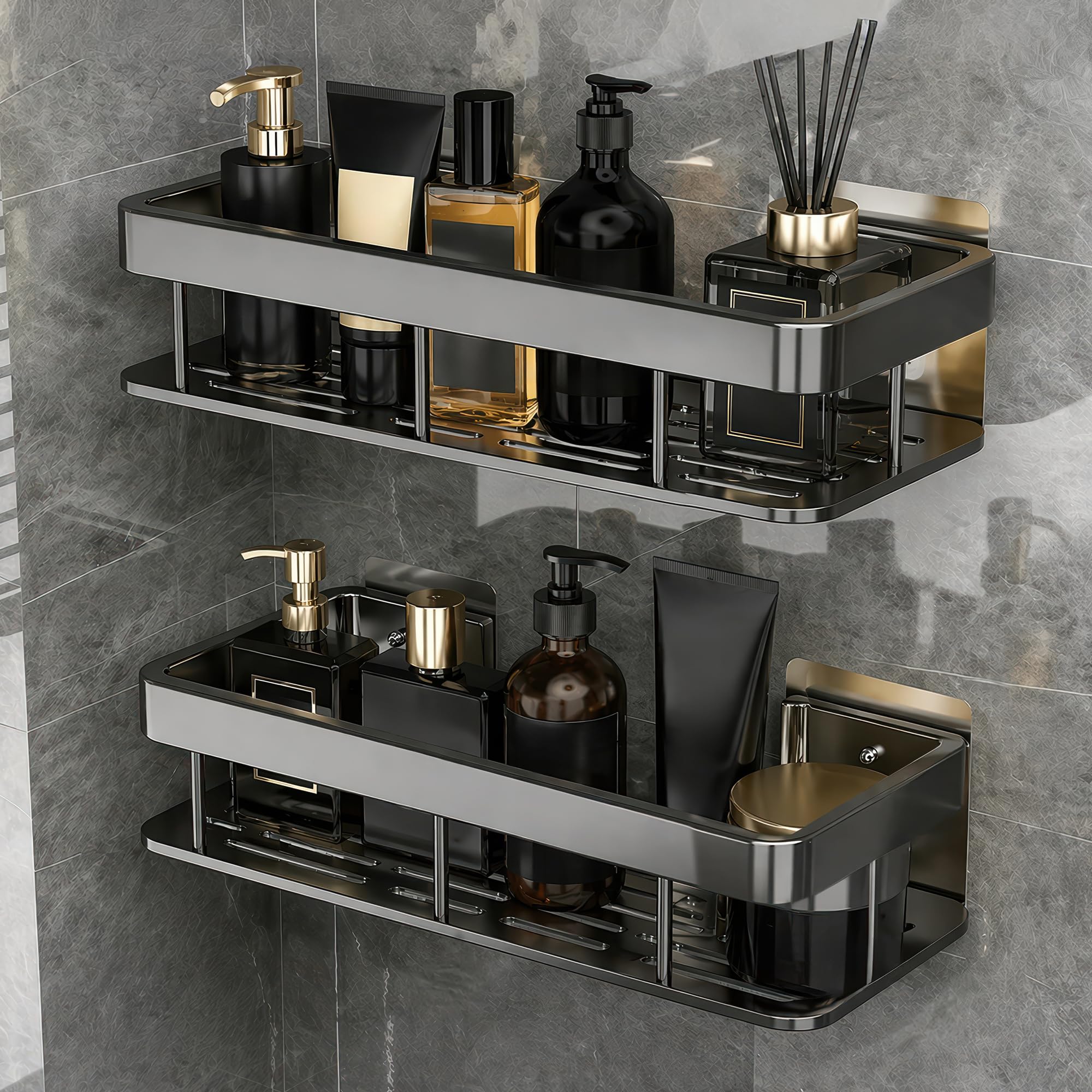 amazon basics 2 Pack Self Adhesive Bathroom Shelf for Wall, Bathroom Organiser Without Drill, Kitchen Sink Organiser, Rust Resistant Wall Mounted Bathroom Rack for Shampoo, Soap & Toiletries, Black