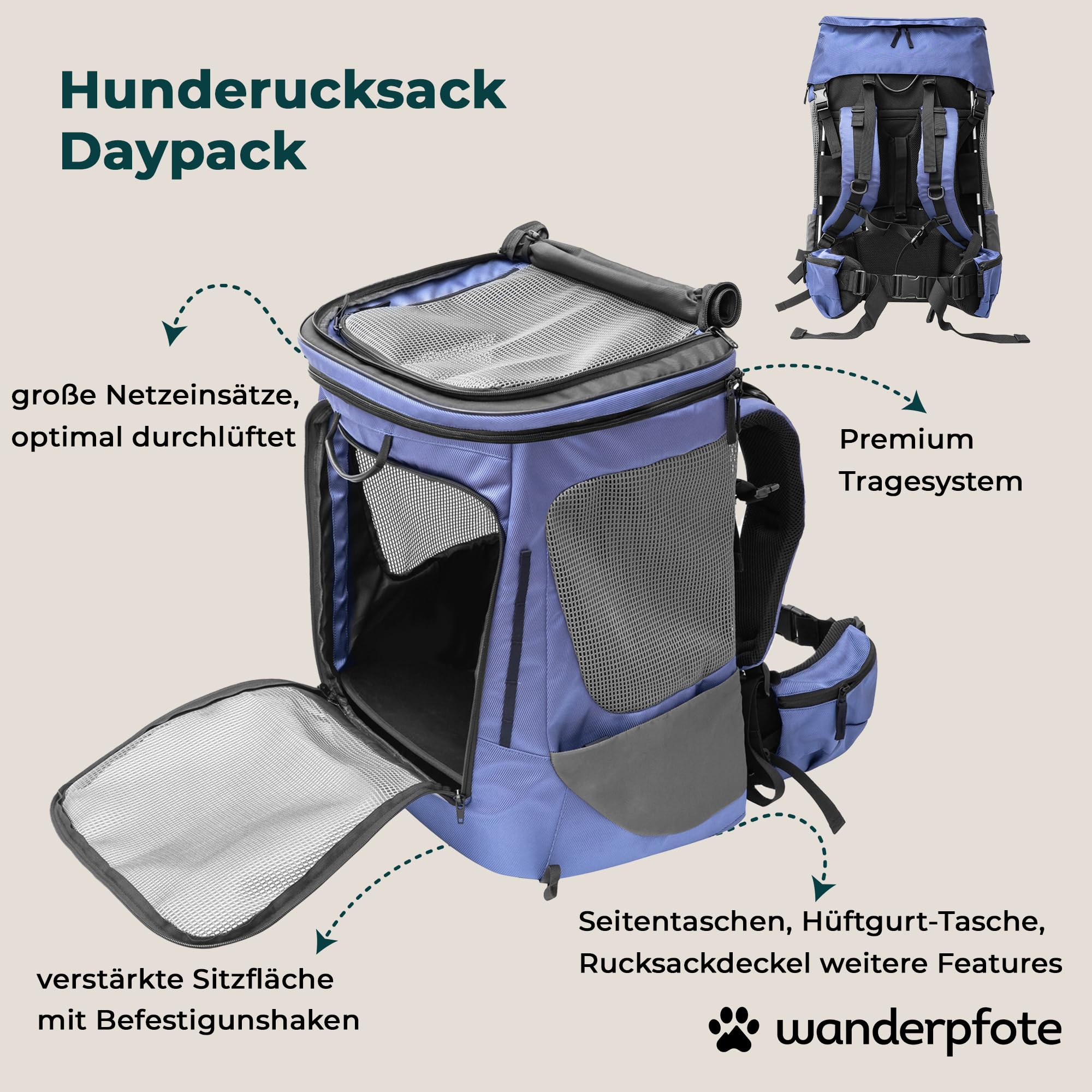 Hunderucksack bis 12kg - Modell Daypack, Größe M, Blau - Premium Rucksack für kleine bis mittelgroße Hunde mit Höhenverstellbarem Tragesystem und viel Raum für den Hund