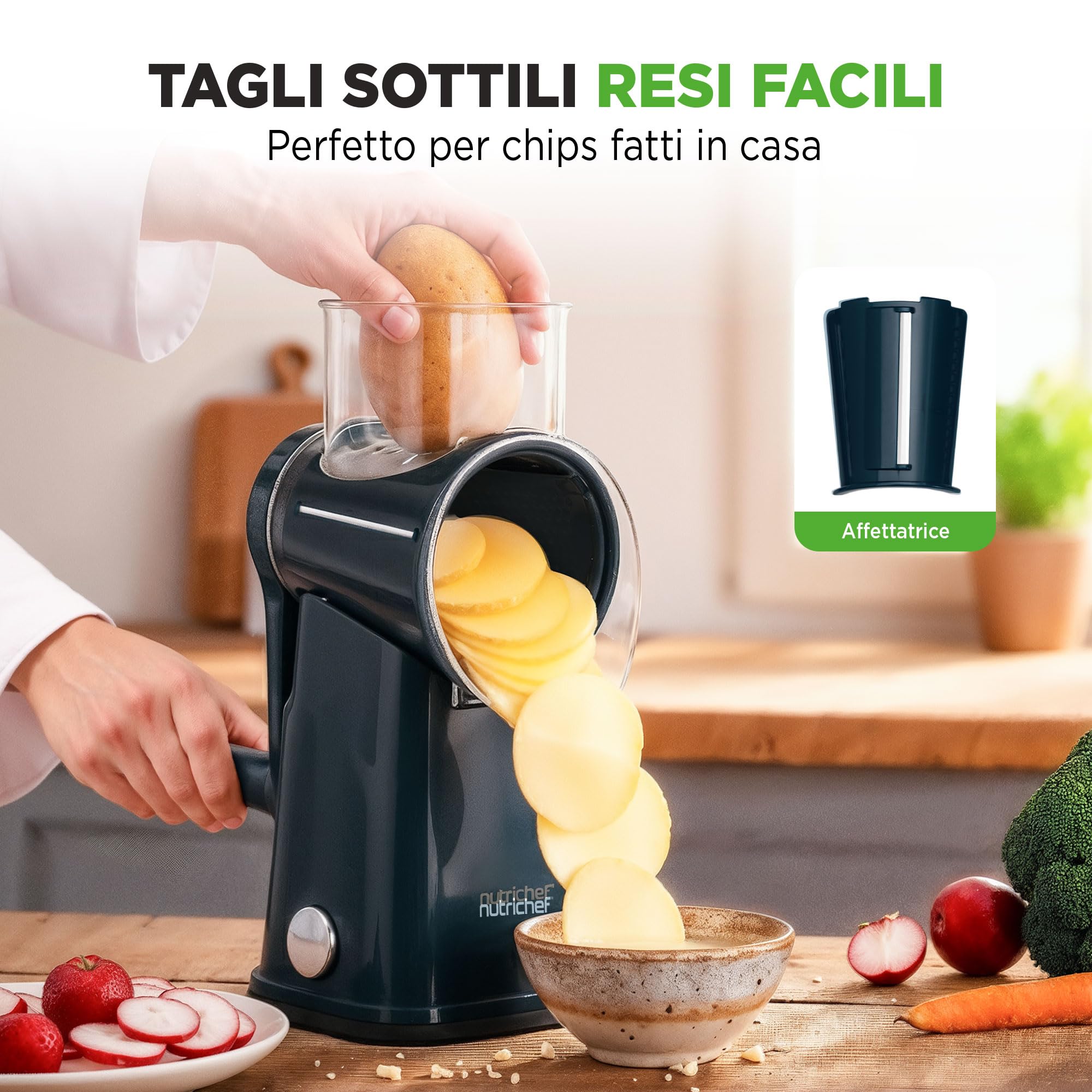 NutriChef Mandolina per Verdure 5 in 1 e Grattugia Formaggio per Cucina, Affetta Verdure con 5 Lame Intercambiabili, Manovella, Base a Ventosa e Contenitore, Accessori Cucina, Blu