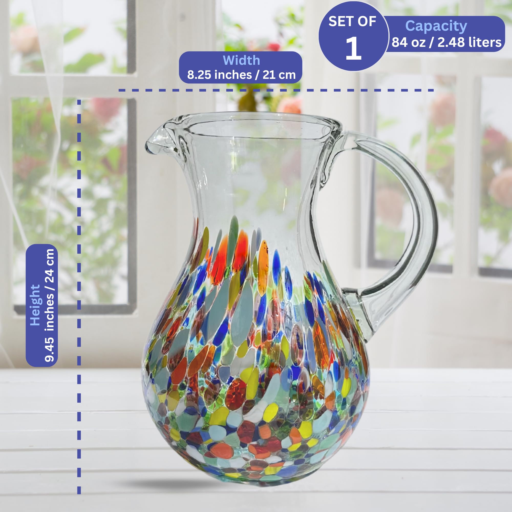 AGAVE'S GLASSWARE Brocca in vetro (2,38 g) | Carmen Carmen Brocca per acqua | Brocca messicana in vetro per bevande | Brocca per tè, succo di frutta, brocca per limonata (Pera Confetti Carmen 2,38 g)