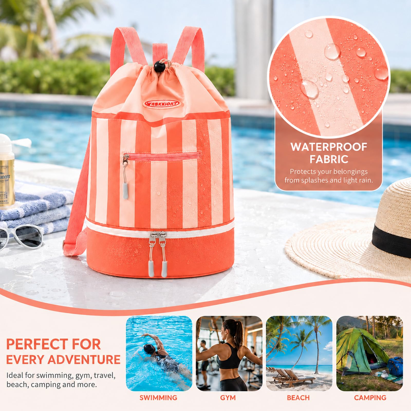 dellyy Mochila de Natación para Niños, Mochila Piscina Niña Impermeable con Compartimento para Zapatos, Bolsa de Natación für Pool, Strand und Reisen (Polvo de naranja)