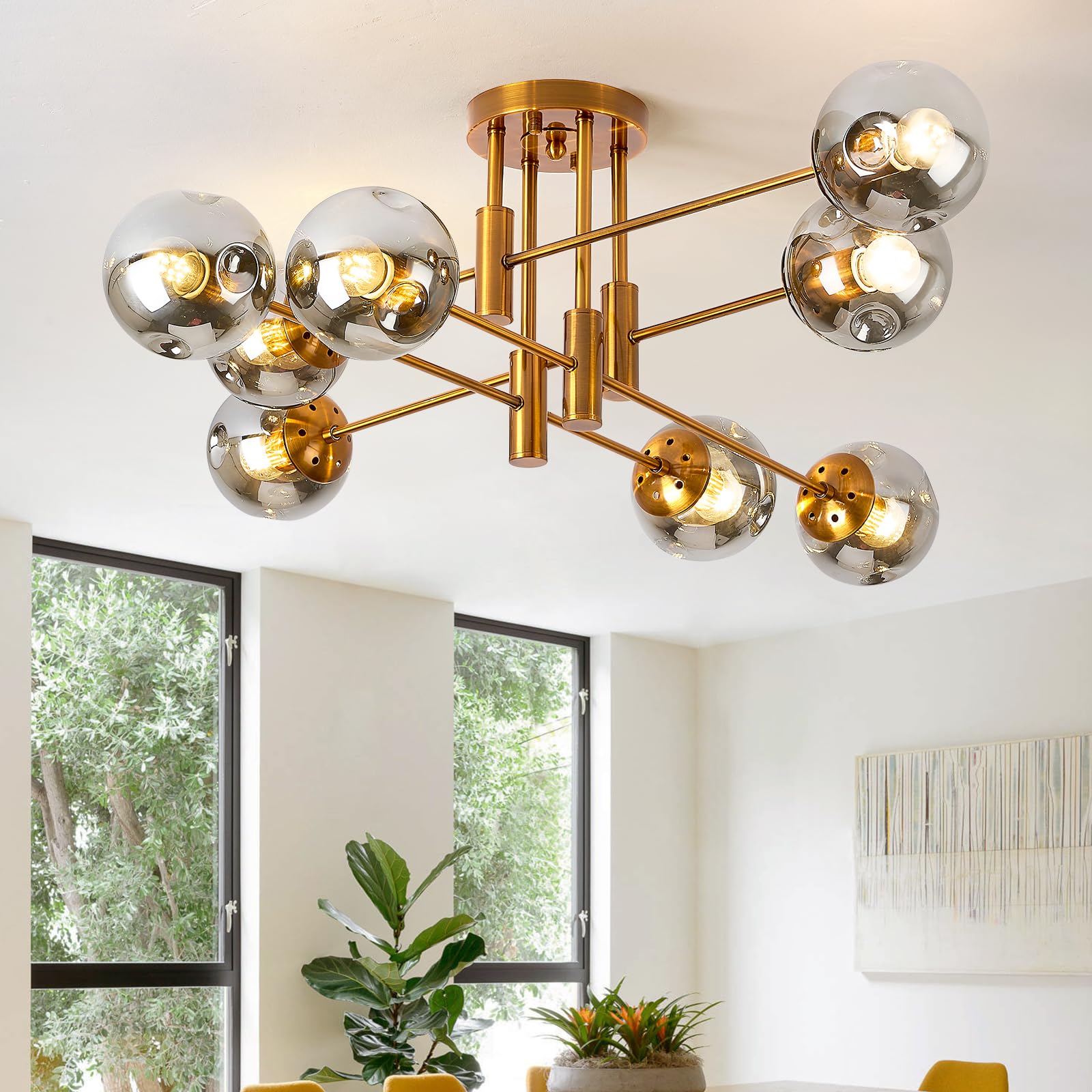 Ceiling Light With Sputnik Glass Globe Chandelier, 8 Lights Kitchen Lighting Fixtures Ceiling Flush Mount For Villa Living Room, Hotel Bedroom, Home &