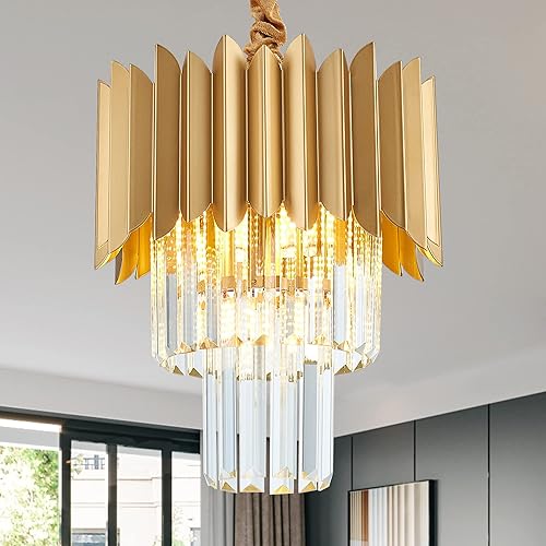 Lámpara colgante de cristal dorado de 11 pulgadas, 4 luces de 3 niveles de lujo, lámpara colgante de cristal perfecta para comedor, dormitorio,