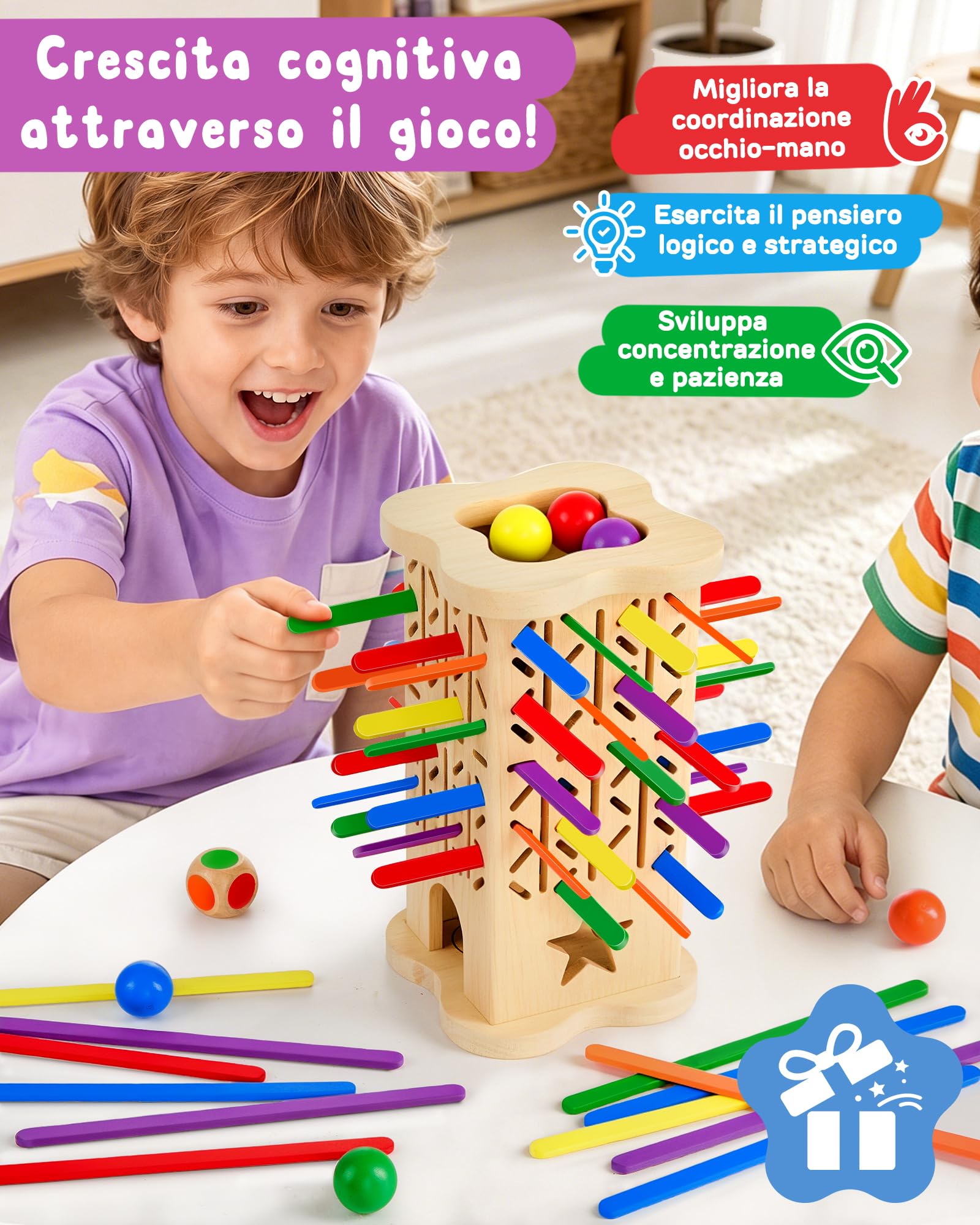 Giocattoli Montessori in Legno per bambini 3 4 5 6 anni | Gioco di Società Educativo con Bastoncini Colorati, Dado e Palline, Sviluppa la Motricità Fine e la Concentrazione, Regalo