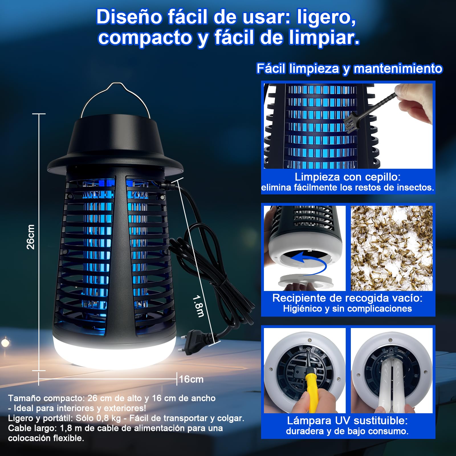 Lampara antimosquitos Exterior con LED, Mata Mosquitos electrico 4200V+15W UV, No tóxico e Inodoro, IPX4, Atrapa eficazmente Mosquitos, Moscas y Polilla