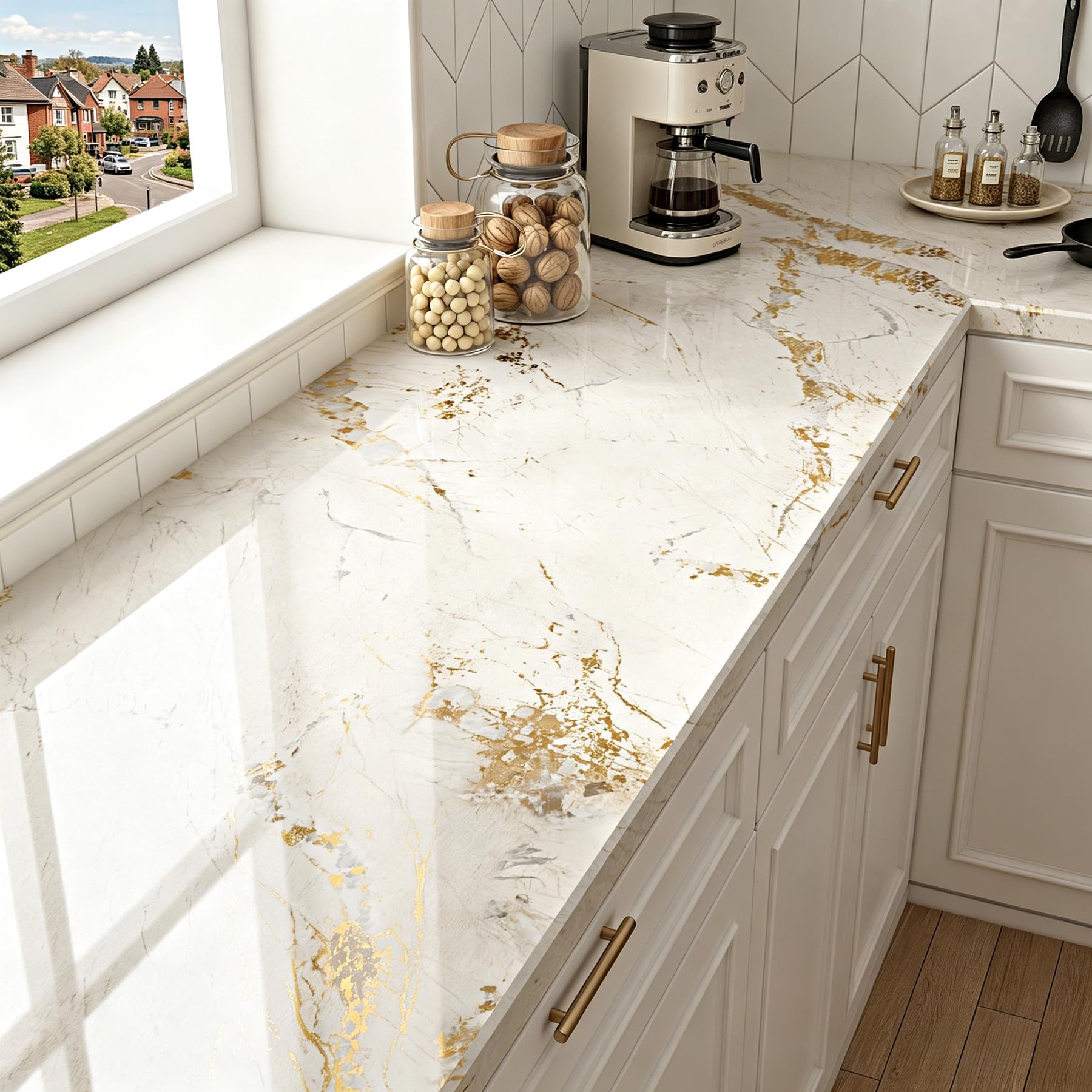 LaCheery Efecto Marmol Vinilo Adhesivo Muebles Beige Brillo Dorado Encimera