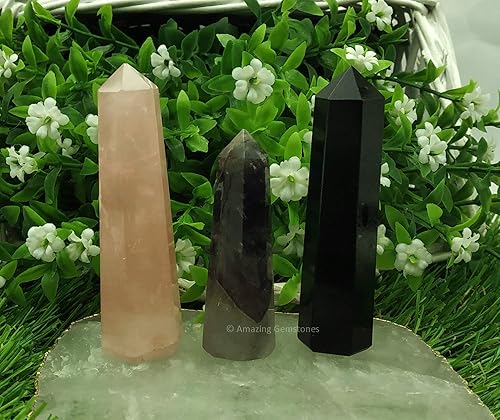 Miniatura 6 de Amazing Gemstone Juego de 3 torres de cristal de amatista, cuarzo rosa, turmalina negra, obelisco de punto de cristal curativo natural para curación