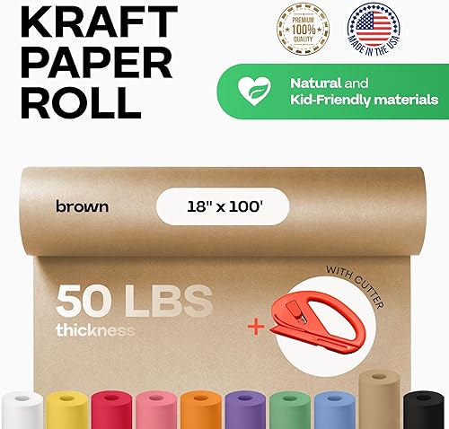 Vista 51 de Rollo de papel kraft marrón de 24 x 1800 pulgadas (150 pies) con cortador, papel de calidad fabricado en Estados Unidos, 50 libras de grosor