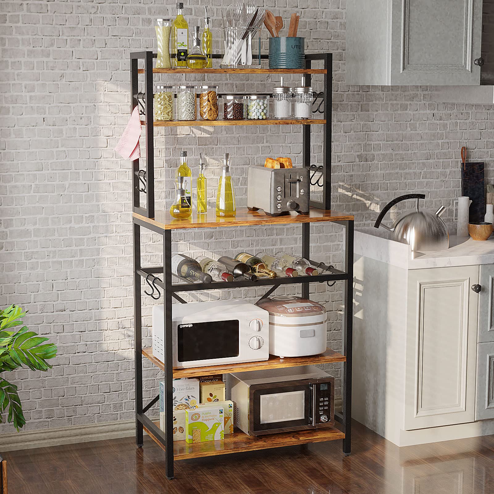 YMYNY Küchenregal, Bäckerregal Standregal mit Haken, Mikrowellenregal mit 6 Ablagen, Weinregal, Industrie Design, Mehrzweck-Organizer, für Mikrowelle, Kochutensilien Braun-schwarz HBR003H