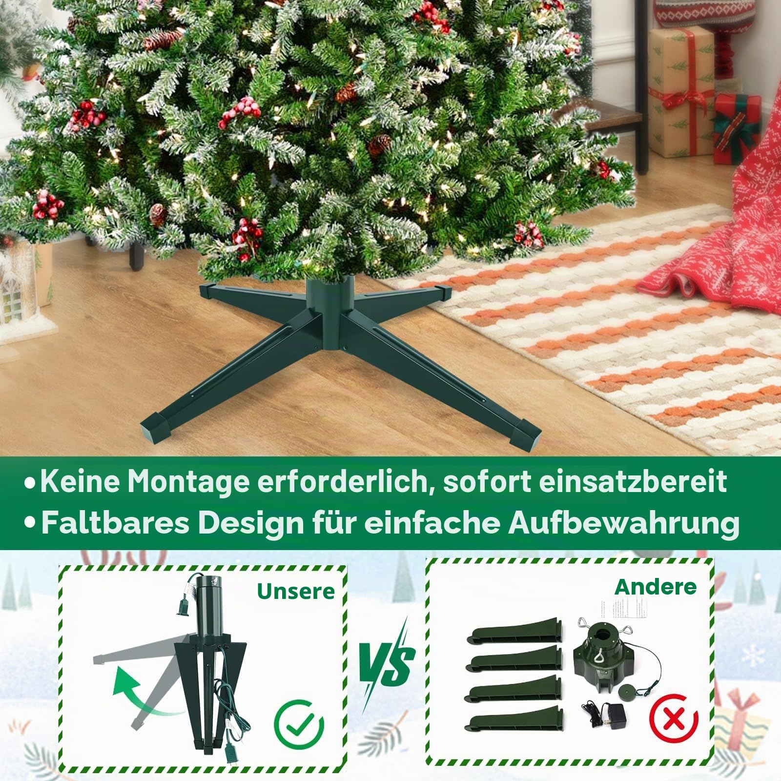 Axcoix Drehbarer Weihnachtsbaumständer, verstellbare Baumständer mit Fernbedienung, Musik, Geschwindigkeit und Licht, künstlicher Weihnachtsbaumständer für bis zu 2,4 m bis zu 45,4 kg Baum
