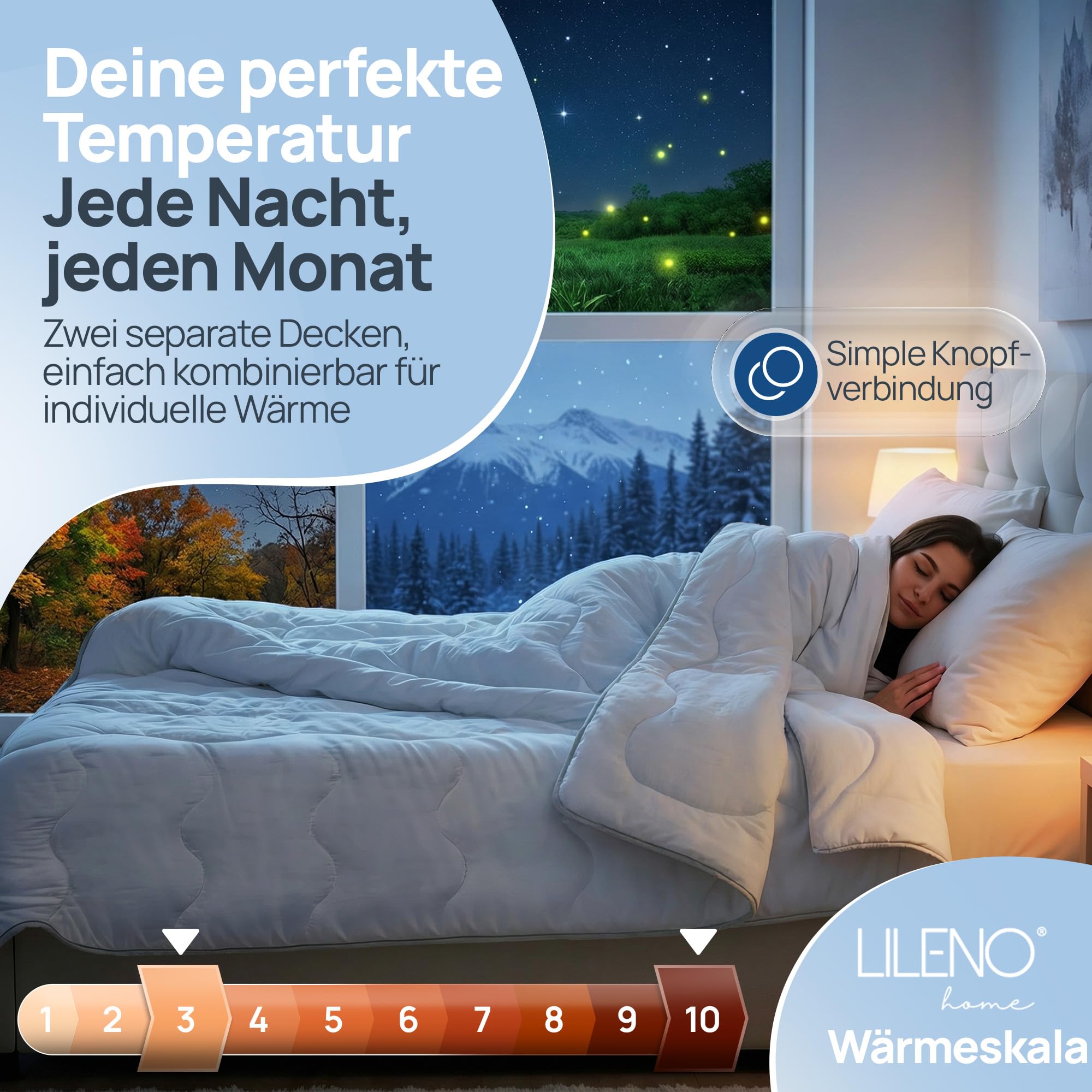 LILENO HOME 4 Jahreszeiten Bettdecke 155x220 | 2-in-1 Knopfsystem | Allergiker Decke 155x220 mit Sanitized Hygiene Funktion | Oeko-Tex Klasse 1 | 95 °C waschbar | Made in EU | Hotel Qualität