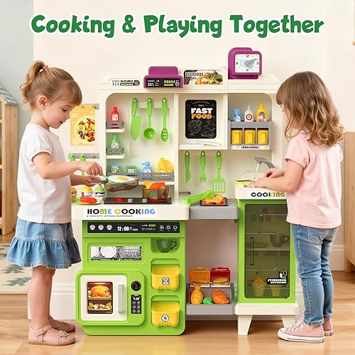Miniatura 4 de Juego de cocina para niños con luces, sonidos y vapor, juego de cocina grande para niños pequeños con fregadero, parrilla, juegos de comida para