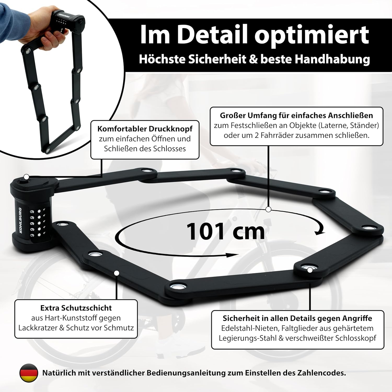 KOHLBURG Bicycle Lock Combination Lock with 5-Digit Combination Code [Bolt Cutter Safe, 101 cm Long] Folding Lock Type Vienna with Bracket High Security - Bicycle Lock E Scooter E-Bike & Bike Lock