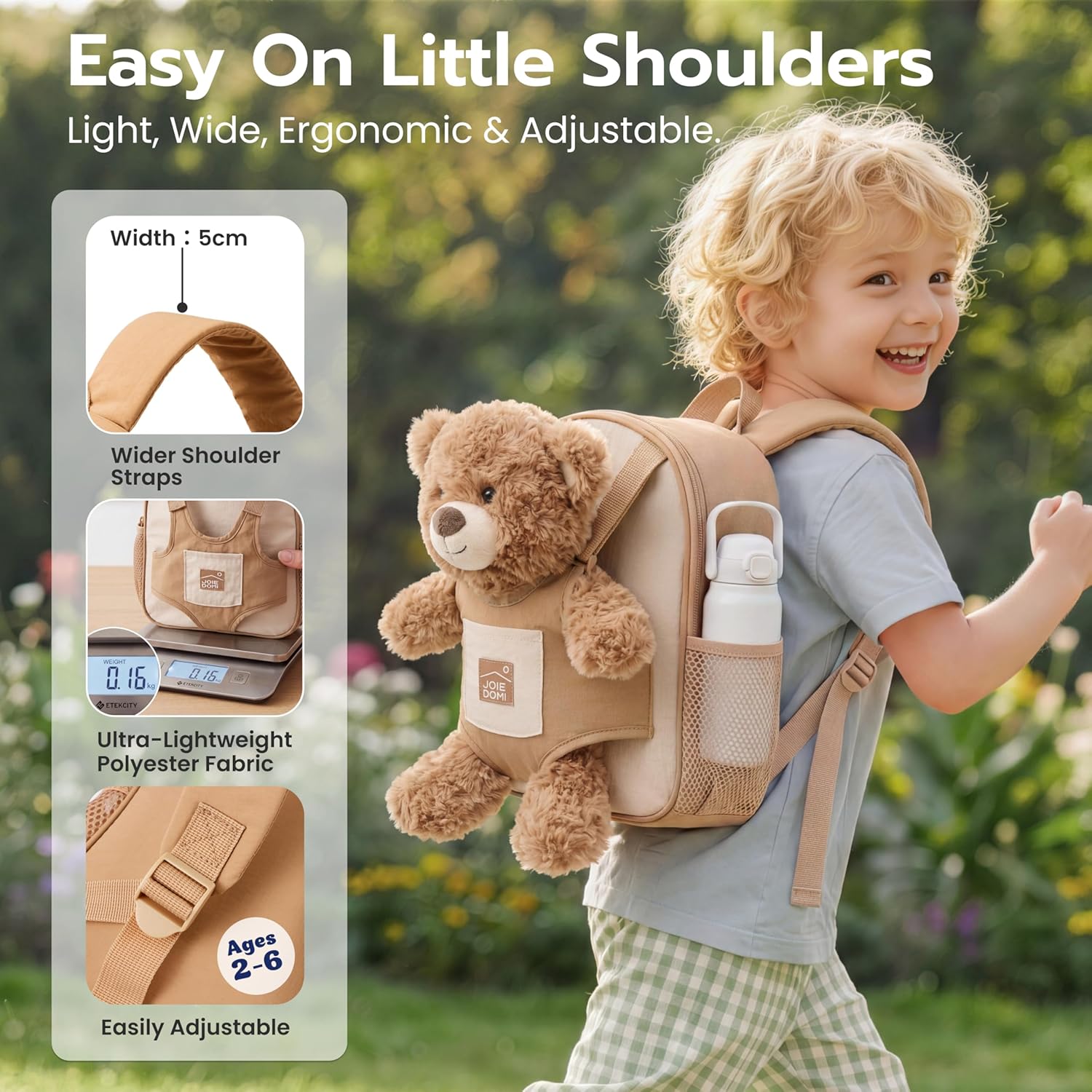 JOIEDOMI Toddler Backpack for Girls Boys 2-4, 11" H Kids Backpack with Detachable Bear Toy for 2 Year Old Girl Birthday Gift, Lightweight Perfect for Daycare Preschool Travel