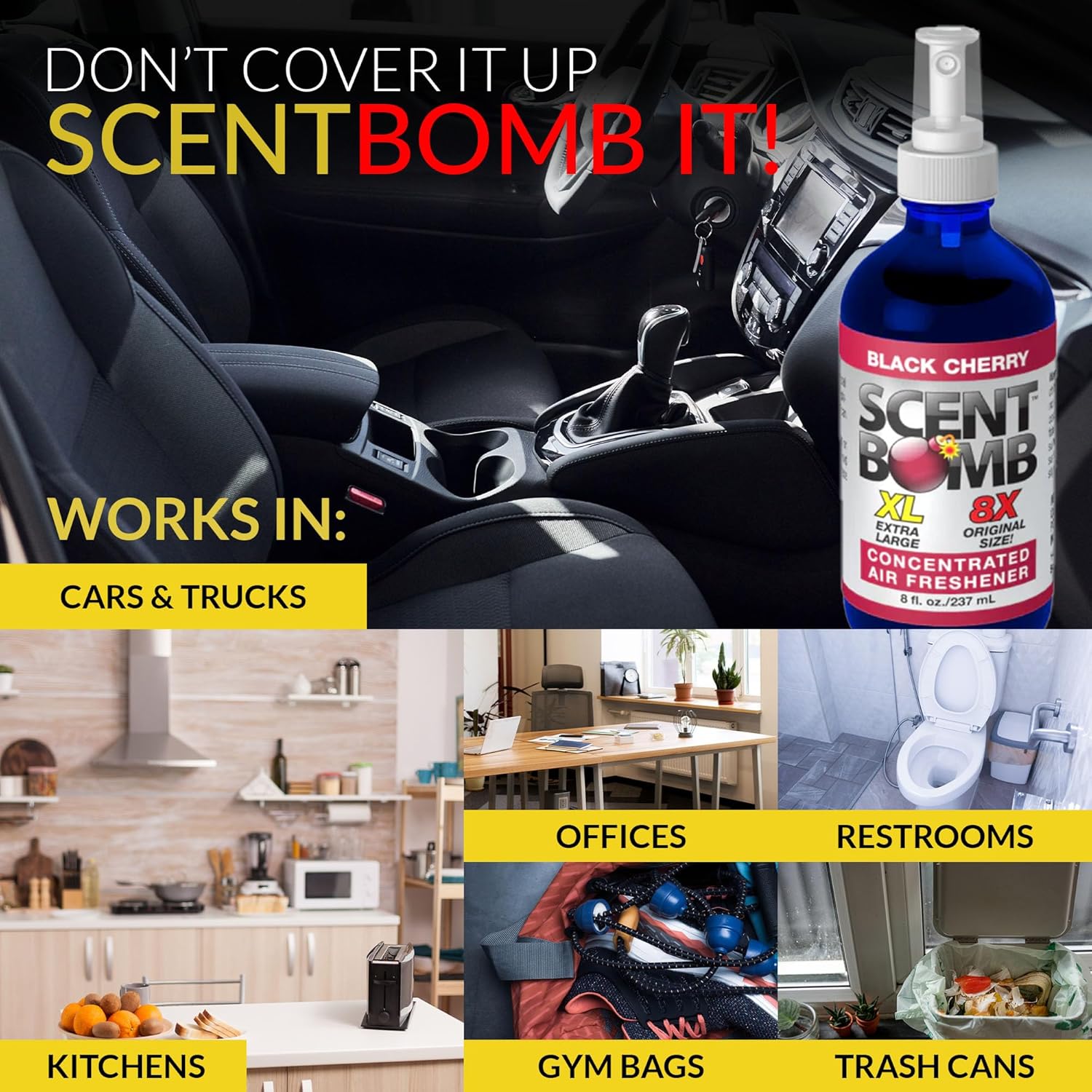 Scent Bomb Air Freshener Bundle - 1 oz & 8 oz Bottle Sprays, Vent Clip, Organic Cans, Hanging Circle - Continuous Freshness & Long-Lasting Odor Eliminator for Car, Home, Bathroom - Black Cherry