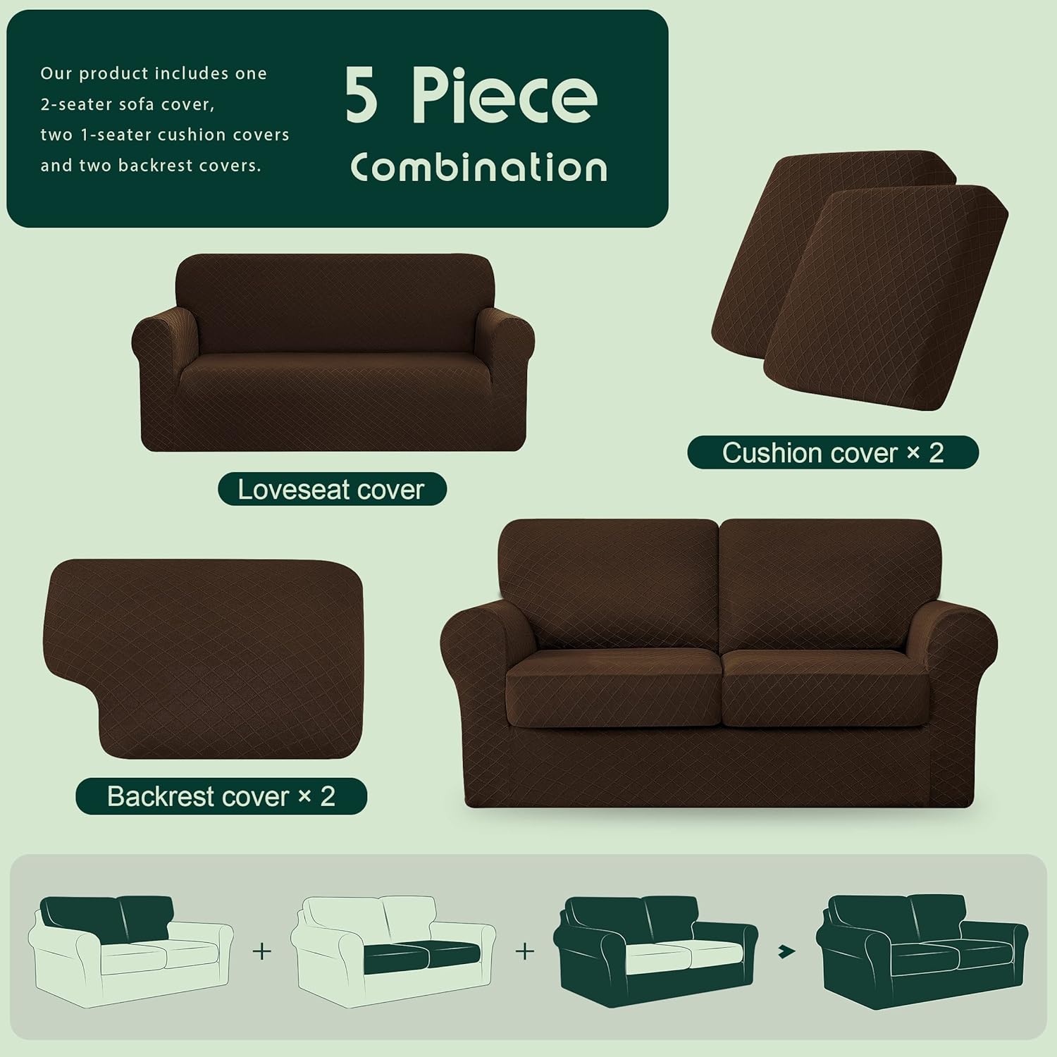 CHUN YI 5 Piece Stretch Diamond Lattice Loveseat Sofa Cover, 2 Seater Couch Slipcover with Two Separate Backrests and Cushions with Elastic Band, Checks Spandex Rhombus Fabric(Medium,Chocolate)