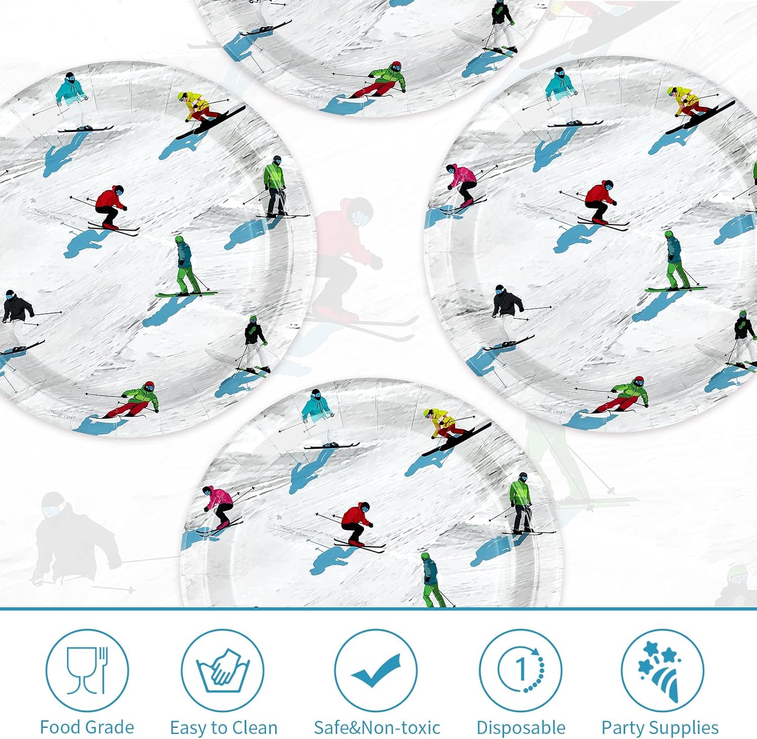 50Pcs Winter Ski Party Paper Plates 10” Skiing Disposable Paper Plates for Skiers Winter Ski Christmas Party Decorations
