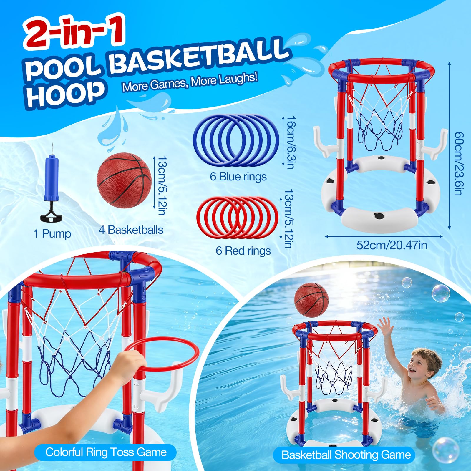 Canestro da Basket per Piscina 2-in-1, Galleggianti per Piscina per Bambini e Adulti, con 4 Palloni 12 Anelli, Gioco Acqua Cerchi da Lancio, Canestro Basket Bambini per Estate e Divertimento in Acqua