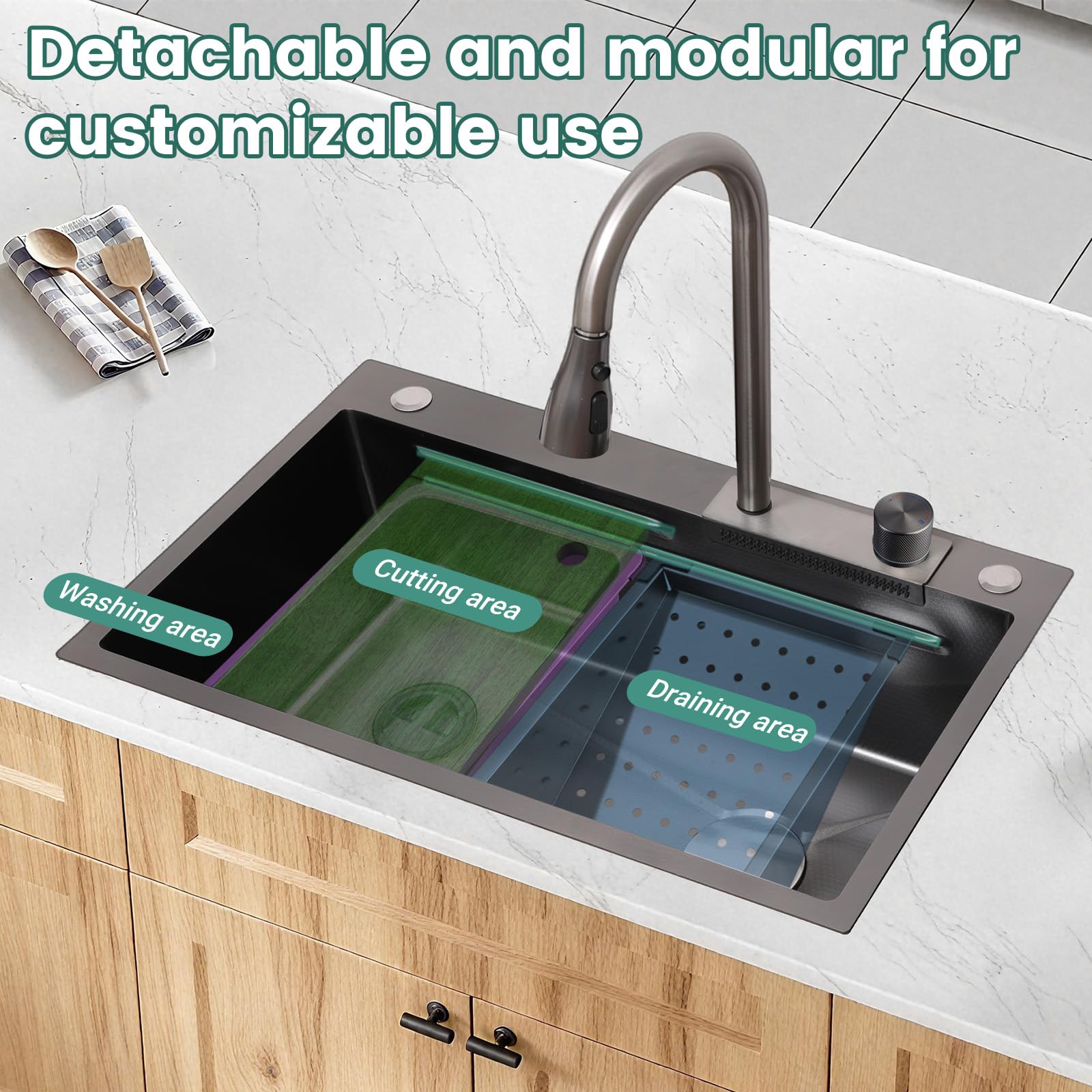 Fregadero de cocina de 30 pulgadas con grifo combinado de cascada negro, fregadero de cocina de cascada de acero inoxidable, encimera de cocina, multifuncional, montaje inferior o encimera, fregadero