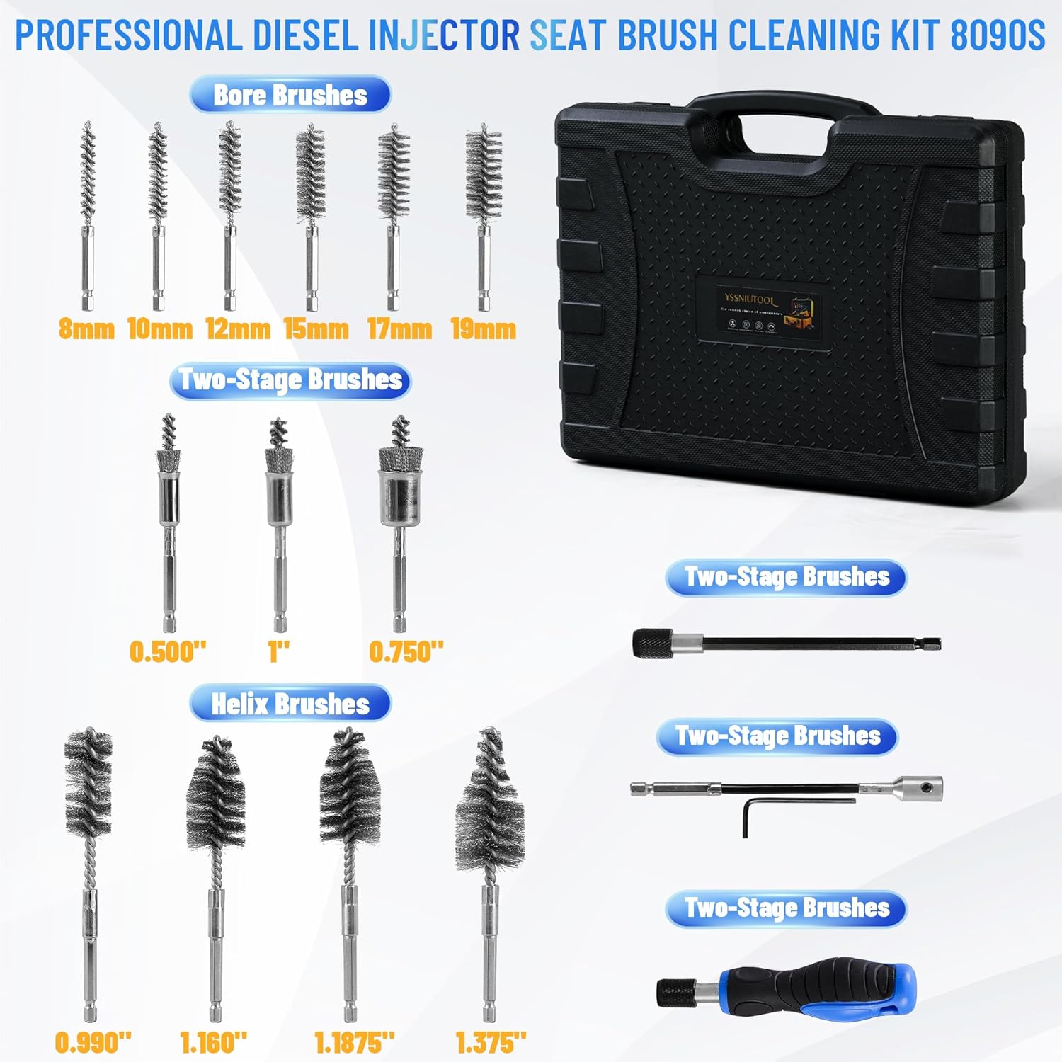 17-Pack Professional Diesel Injector Seat Cleaning Set 8090S on Cylinder Heads with Swabs and Helix Brushes, Two-Stage Brushes, Bore Brushes and Swabs Stainless Steel