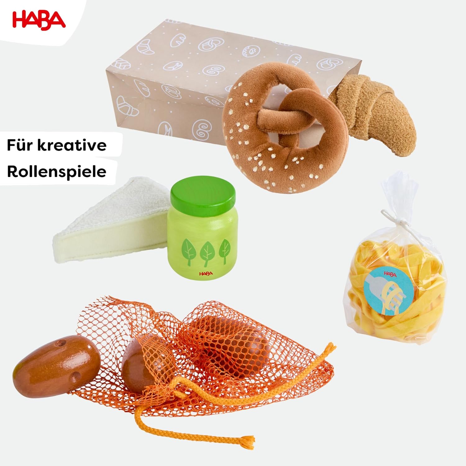 HABA Creative Play 2012304001 Toy Shopping Basket with Wooden Food and Fabric Accessories for Shop and Kitchen Play for Children from 3 Years