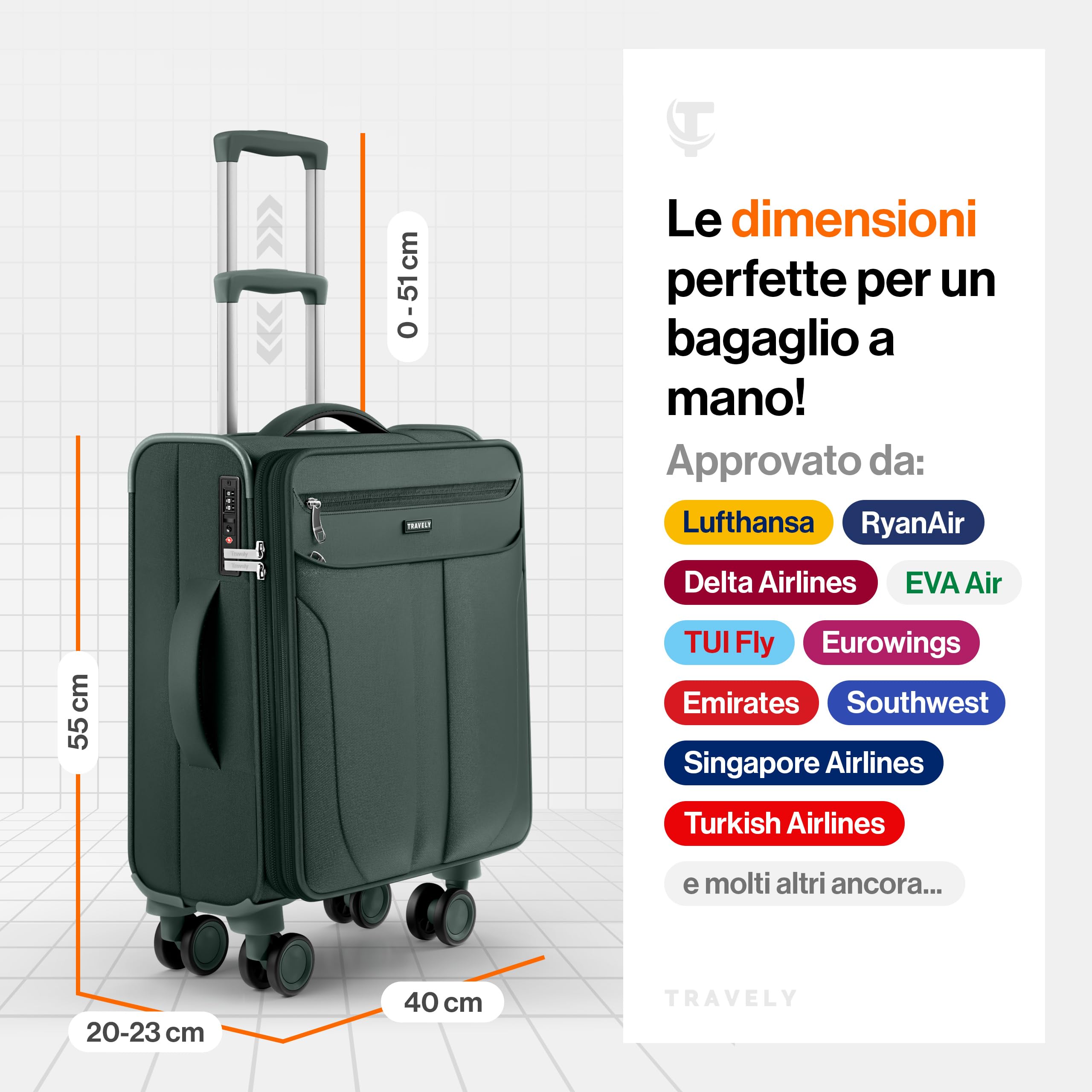 Travely Valigia M in tessuto - Valigia cabina con scomparto per laptop fino a 15,6", 4 ruote e lucchetto TSA - valigia morbida leggera espandibile, idrorepellente