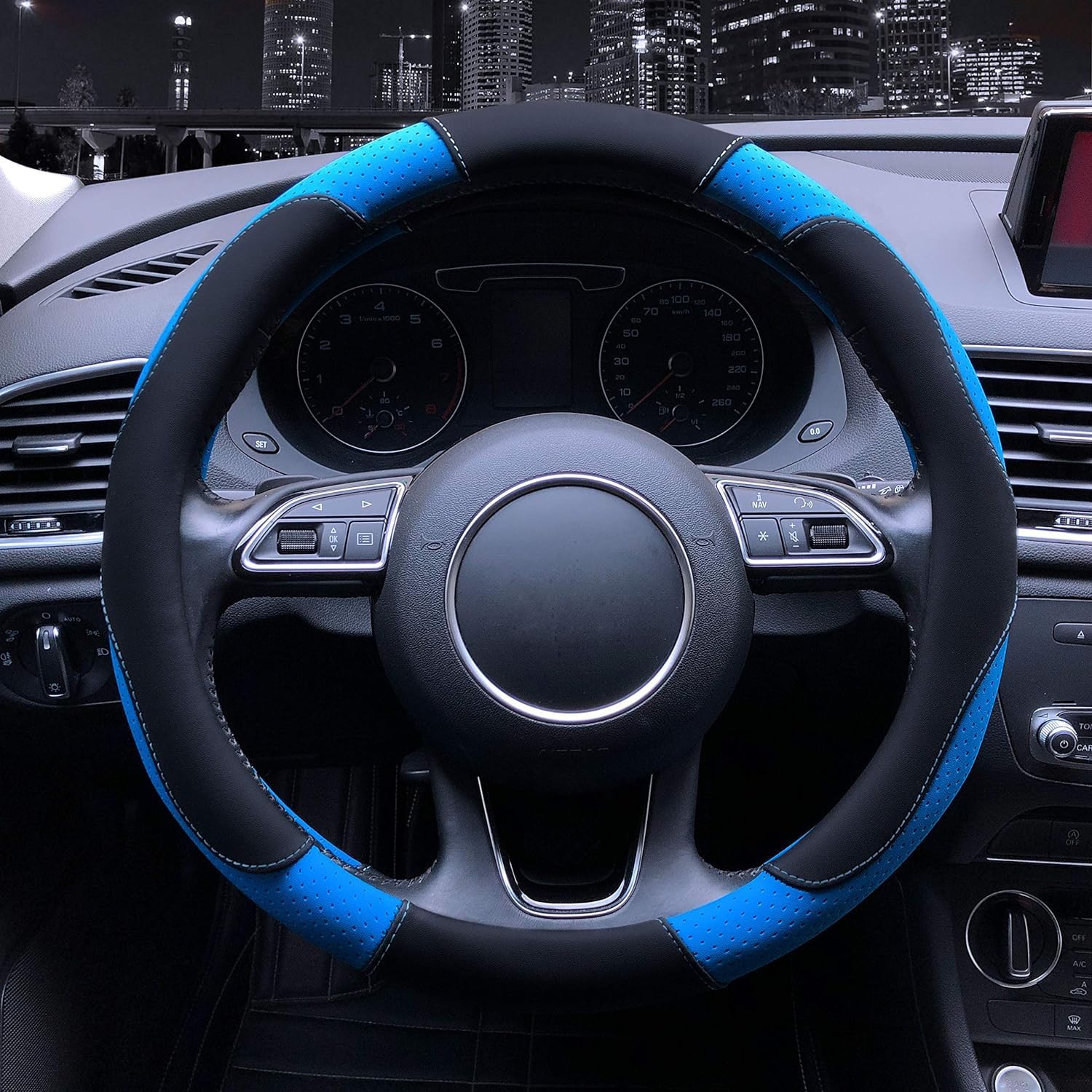 Copri-volante auto sportivo antiscivolo similpelle PU 38 cm blu