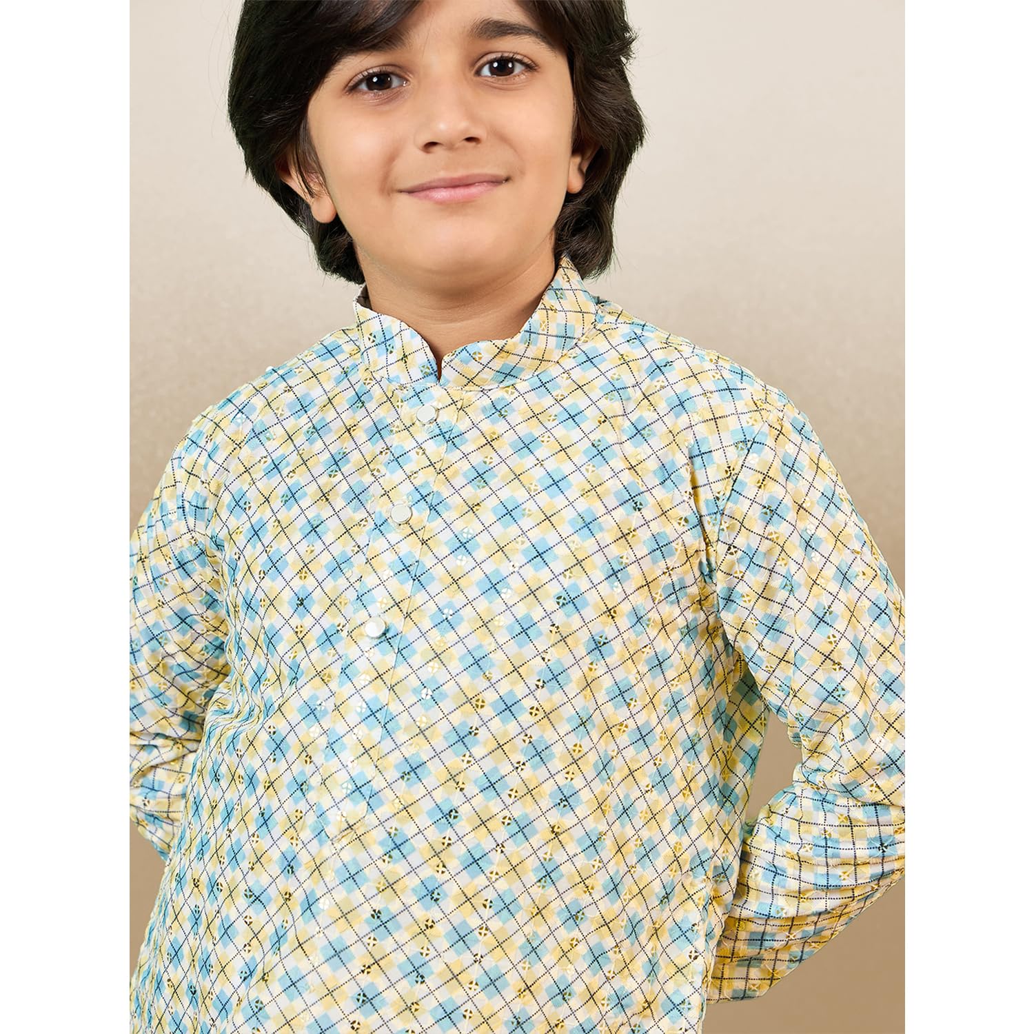 Sanwara Printed Light Yellow Kurta Set with Sequins for Boys (26) 4
