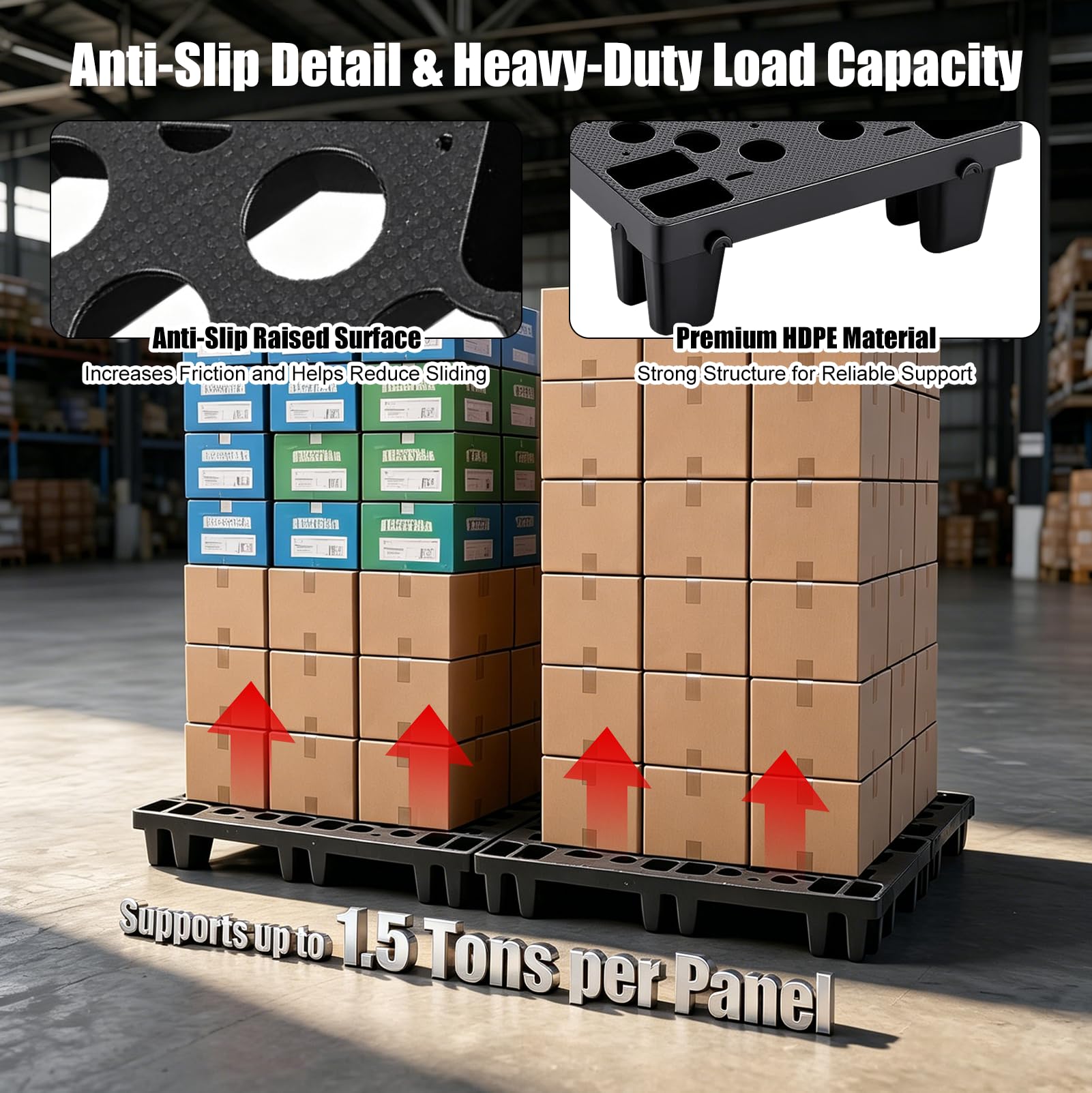 6 palés de plástico HDPE, apilables, palés industriales con conexión de clic, palé ligero resistente al agua, para interior/exterior, para supermercado, sótano, garaje, almacén (50 x 30 x 10 cm)