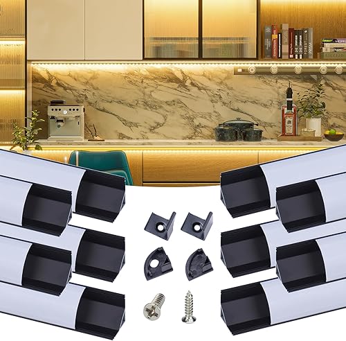 Muzata Paquete de 10 canales LED en forma de V de 6.6 pies/6.6 ft con canal LED de aluminio negro LED difusor canal con cubierta blanca lechosa