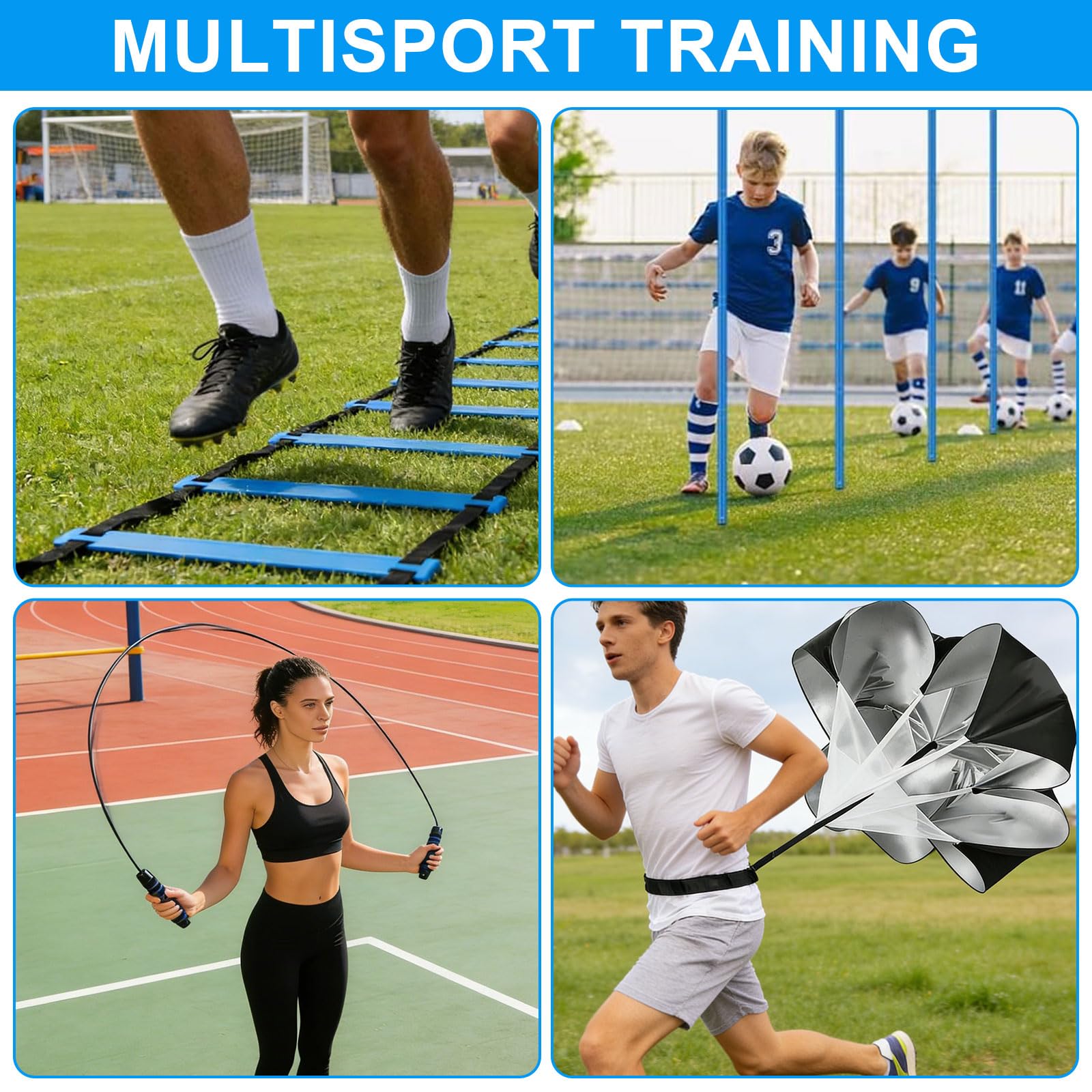 Set di accessori per allenamento da calcio, Slalom Poles 6 aste Slalom con scala di coordinazione 6 m, 12 cappelli, corda per saltare e paracadute, per allenamento di coordinazione, slalom, calcio