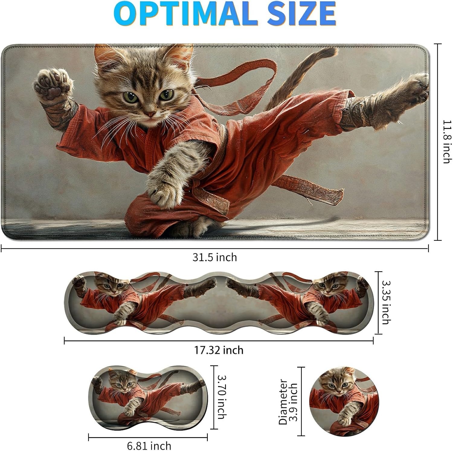 4Pcs Memory Foam Keyboard Mouse Wrist Rest Pad + Gaming Desk Mat 31.5" * 11.8" + Mouse Wrist Cushion + Coasters Set, Non-Slip Desk Pad Protector for Laptop Computer Home, Kung Fu Cat