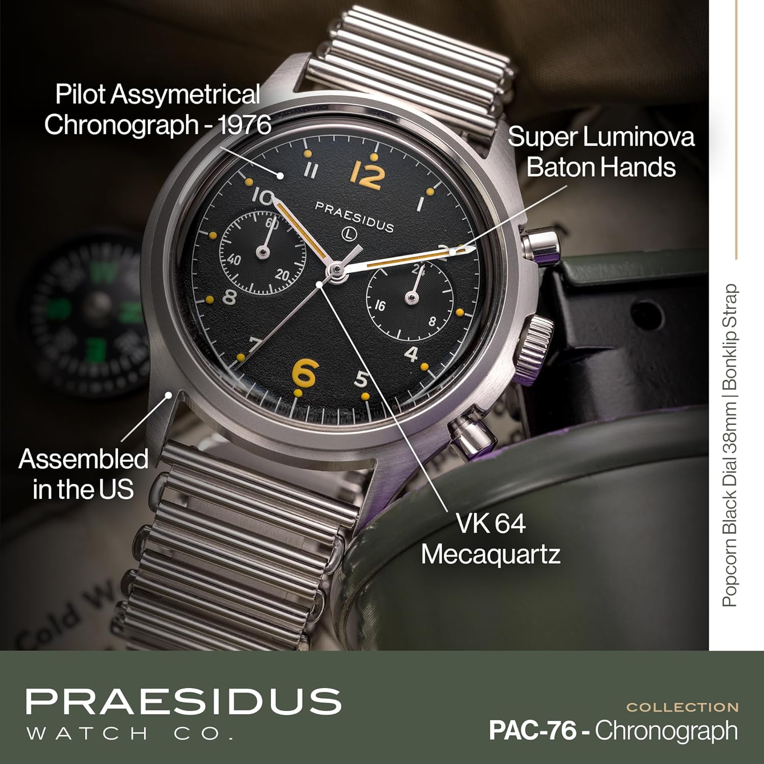 PRAESIDUS | Pilot Asymmetrical Chrono-76 - Chronograph Watch, Men's Wrist Watches - Pilot, Military - Case 38mm, Assembled in The USA | Mechanical, Gifts for Men
