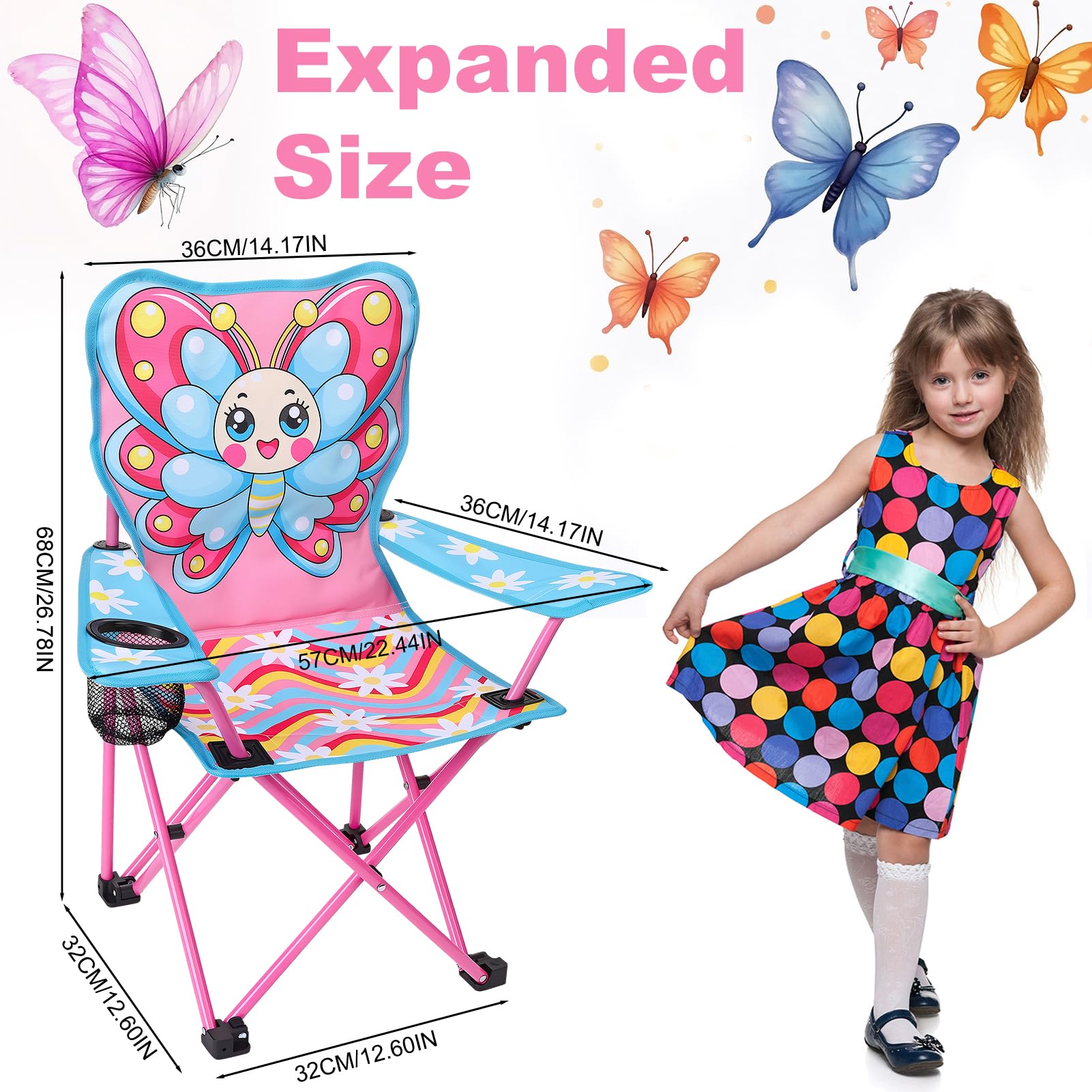 Sedia pieghevole per bambini rosa con farfalla, sedia da spiaggia per bambini e ragazze, ideale per spiaggia, giardino e campeggio