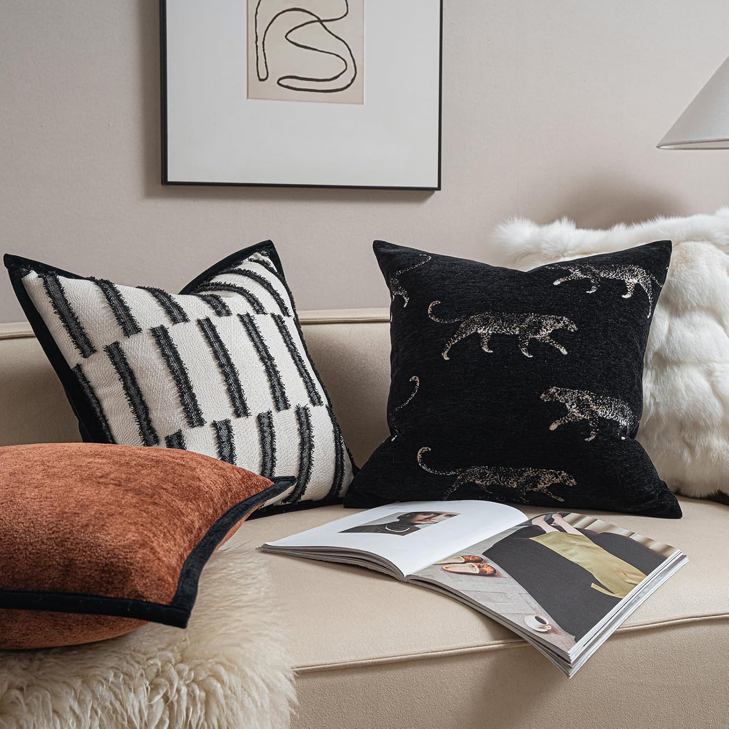 New 20x20'' inches Throw Pillow Cushion Covers - Black Color with Chenille Jacquard Embroidery Golden Leopard Luxury Modern Style Couch Sofa Bed Pillow Cover for Living Room Bedroom