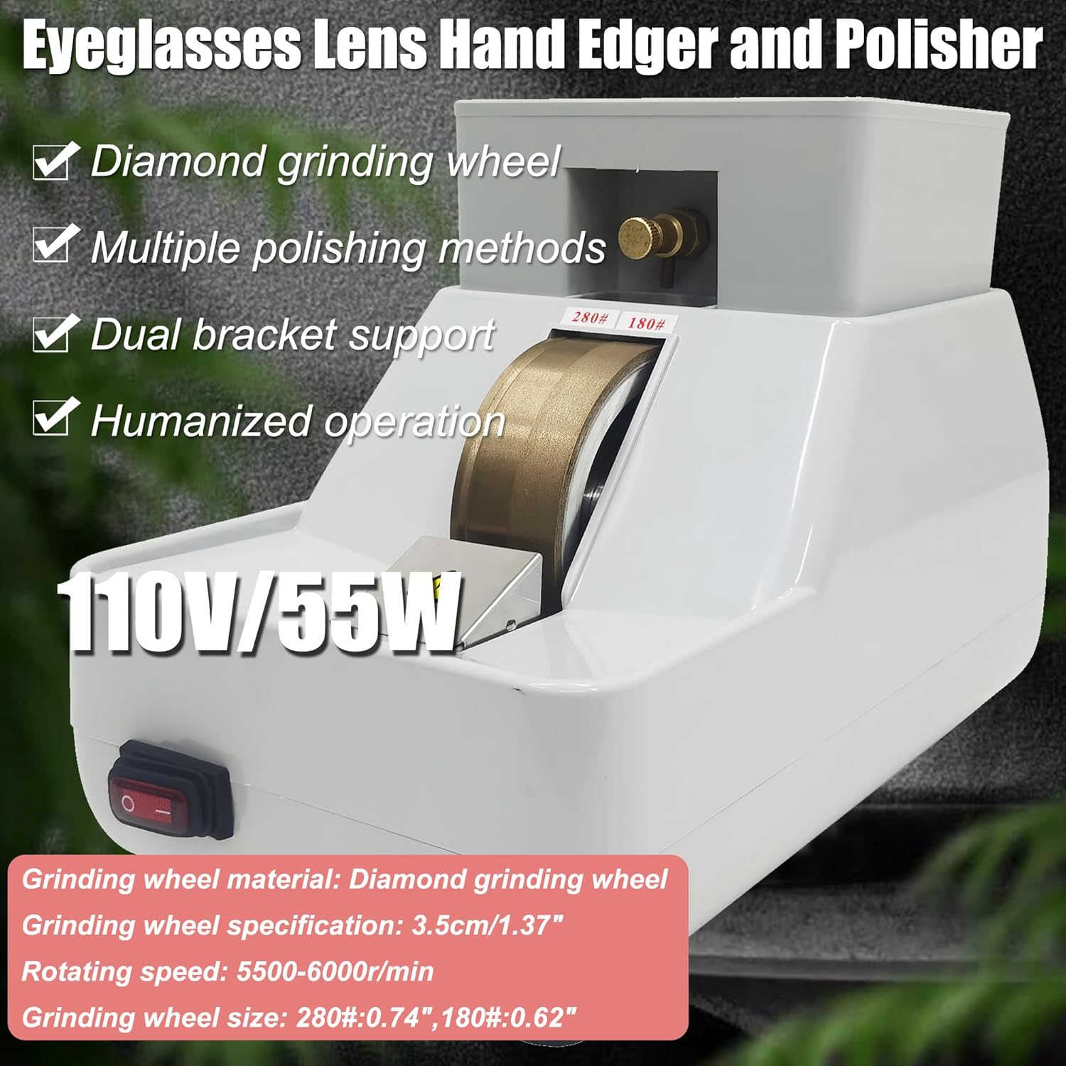 Hand Mill Edging Machine Optical Hand Edge Grinder Manual Optical Lens Edger Eyeglasses Lens Hand Edger and Polisher Lens Grinder Eyeglasses Grinding Machine 110V with Diamond Wheel 280/180#