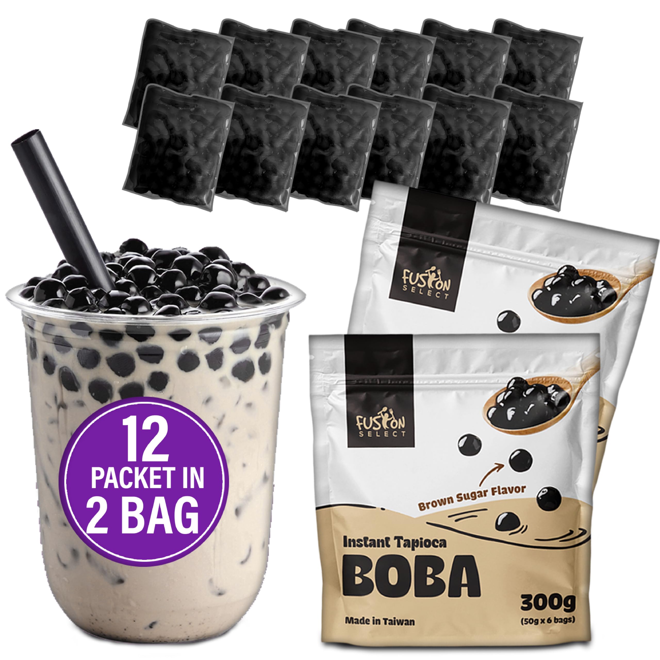 Fusion Select 12 Instant Boba - No-Cook Instant Tapioca Pearls for Bubble Tea Drinks, Hot or Cold Sweet Milk Beverage - Microwave or Heat With Boiling Water - Real Brown Sugar Flavored Balls